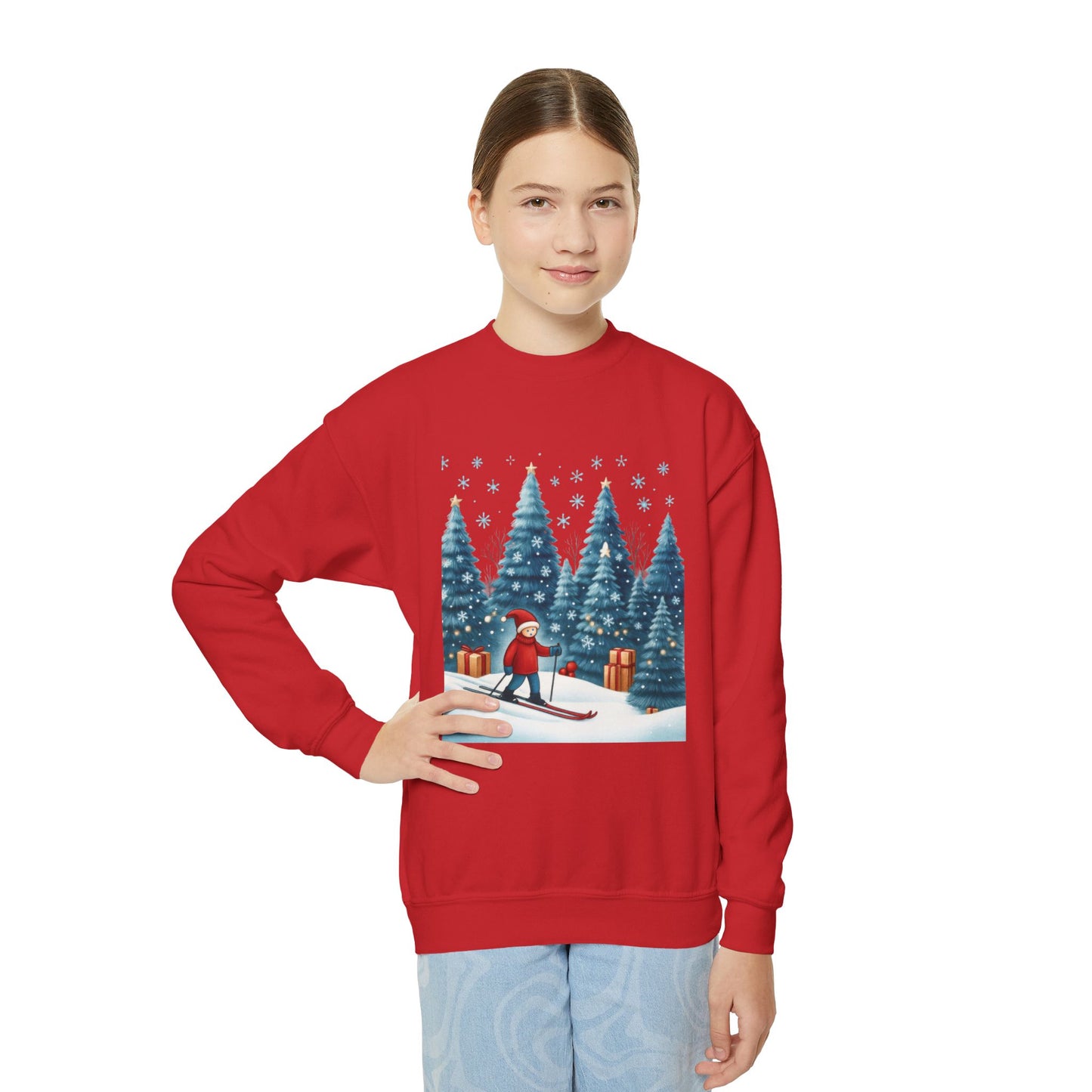 Kids Christmas Skiing Sweatshirt, Cute Holiday Winter Pullover, Youth Crewneck Sweatshirt