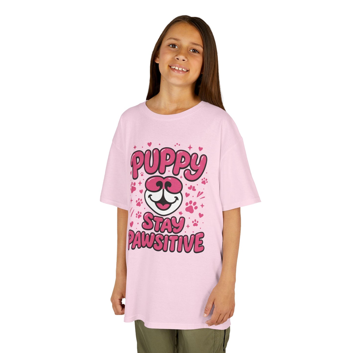 Puppy Stay Pawsitive Youth T-Shirt - Cute Positive Dog Shirt for Teens - Fun Puppy Paw Graphic Kids Tee, Kids Gift, Pet Lover Shirt