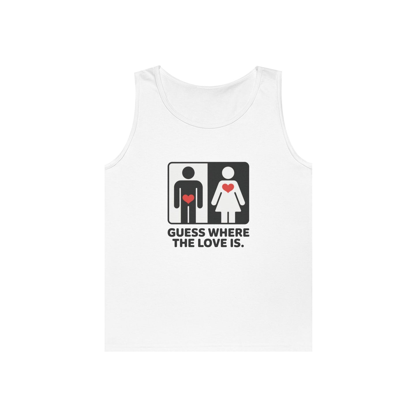 Cute Guess Where The Love Is Mens Tank, Couples Gift, Valentines Day Gift, Relationship Humor Shirt, Funny Tank for Him, Bold Love Joke Tank