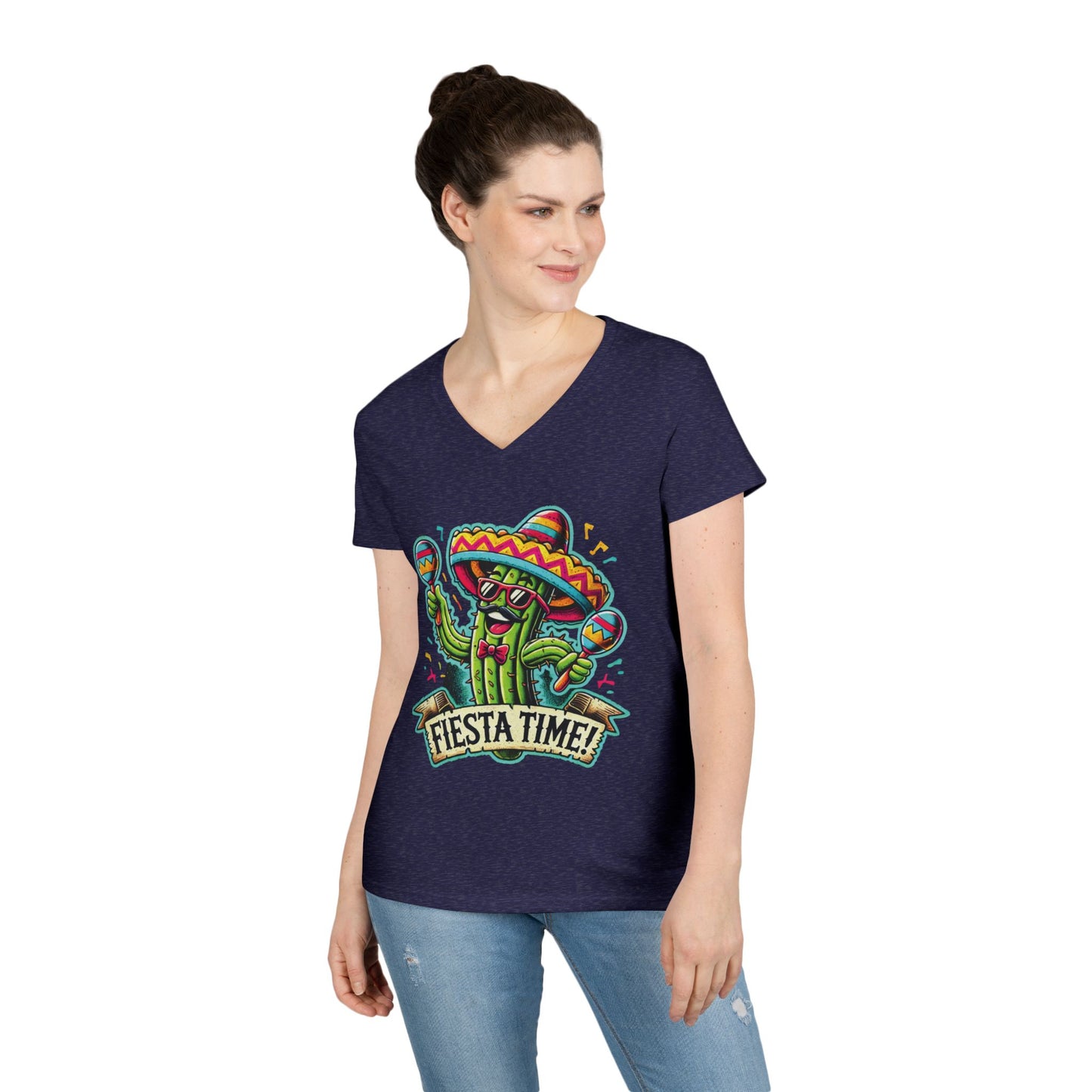 Fiesta Time Cactus Ladies' V-Neck T-Shirt, Funny Sombrero Mexican Party Tee, Cinco de Mayo Gift Idea, Fun Summer Tee, Party Wear