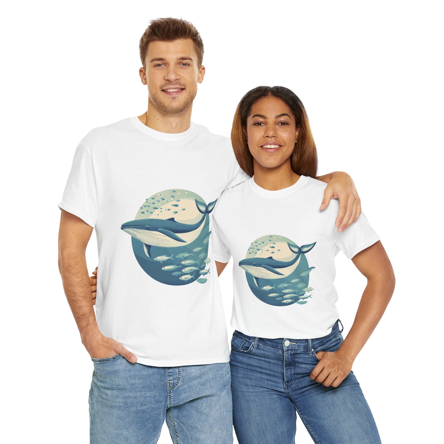 Whale and Fish Unisex Heavy Cotton Tee, Ocean Lover Shirt, Nature Tee, Sea Creature Gift, Casual Summer Top, Ocean Whale Graphic Tee