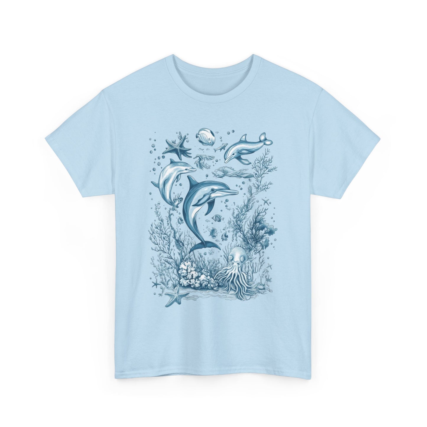 Ocean Life Dolphin T-Shirt, Women's Cotton Tee with Underwater Sea Creatures, Marine Nature Gift Shirt, Perfect for Beach Lovers