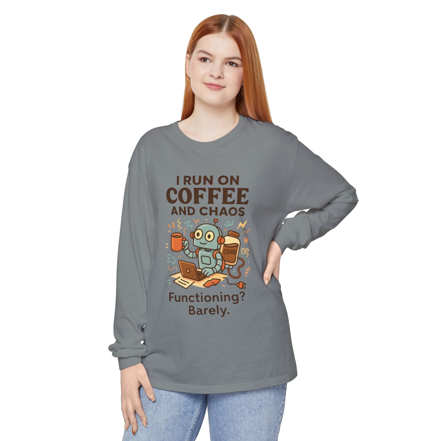 Coffee Chaos Long Sleeve Tee, Funny T-Shirt, Quirky Gift for Coffee Lovers, Unisex Top for Busy Lives, Work from Home Humor Tee
