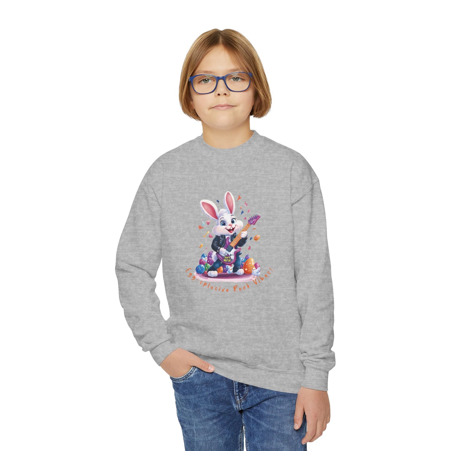 Cool Rocking Bunny Youth Crewneck Sweatshirt, Fun Easter Gift, Kid's Music Apparel, Spring Celebration Style, Cute Animal Sweatshirt