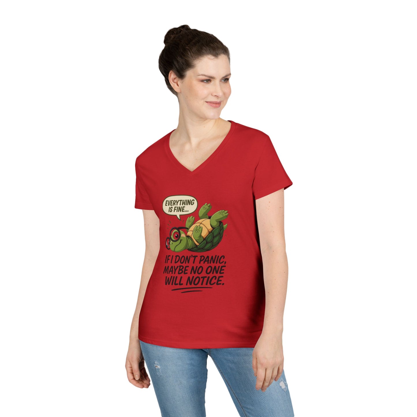 Cute & Comfy Turtle V-Neck T-Shirt, Everything is fine.. design, Gift for Animal Lovers, Casual Wear, Fun Quotes, Positive message tee