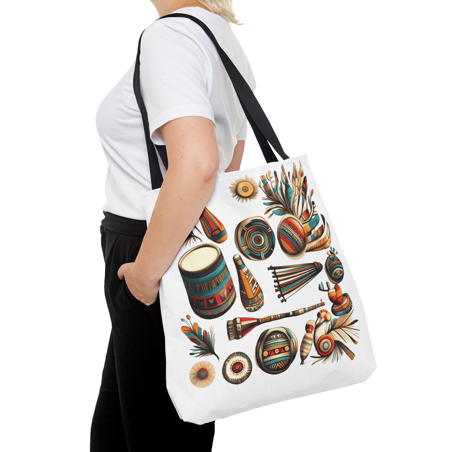 Boho Tribal Music Tote Bag, Ethnic Percussion Instrument Art, Festival Vibes, Shopping Bag, Bohemian Tote, Weekender Bag, Beach Bag, Large Canvas Bag