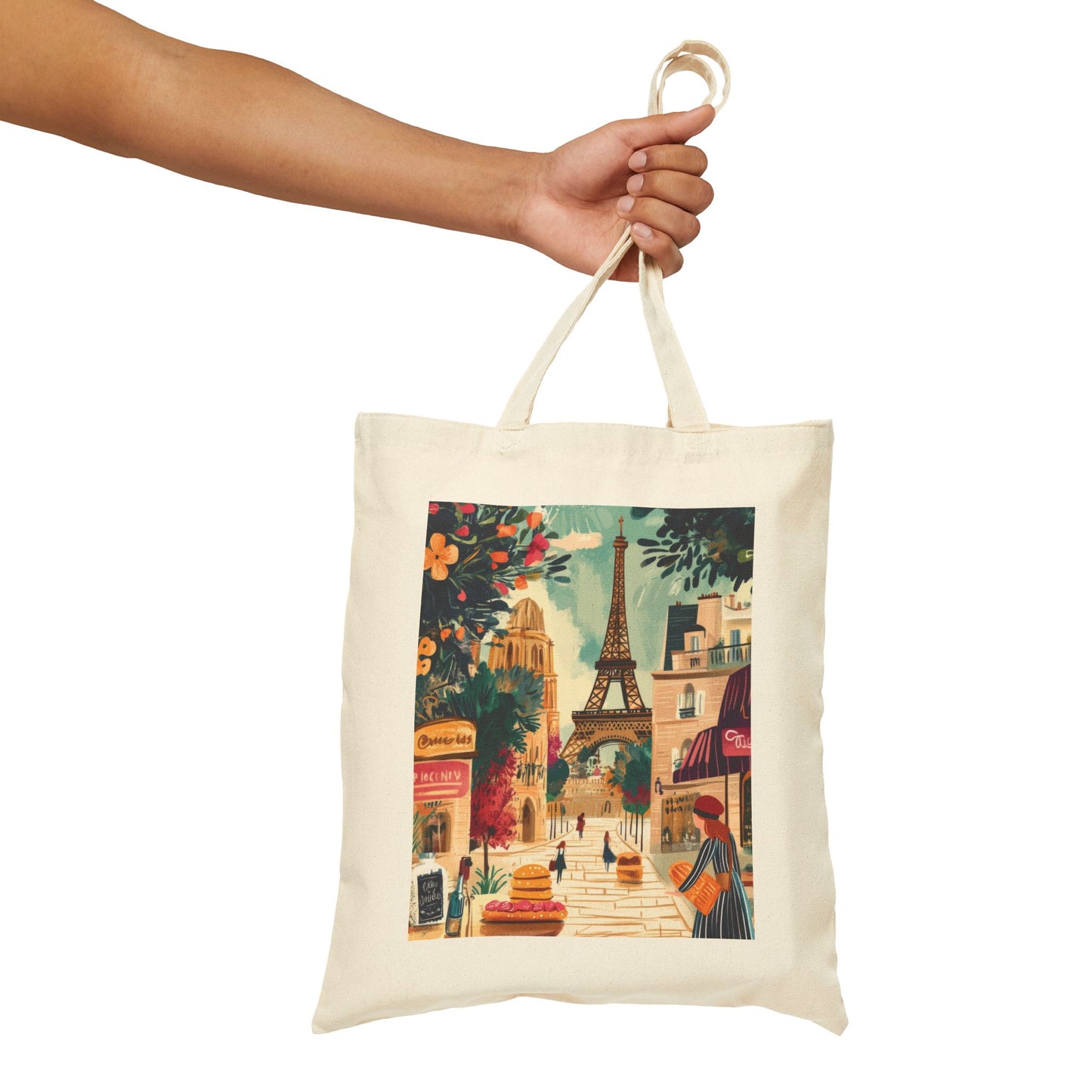Parisian Scene Cotton Canvas Tote Bag, Eco-Friendly Shopping Tote, Travel Bag, Gift for Her, Fashionable Carryall