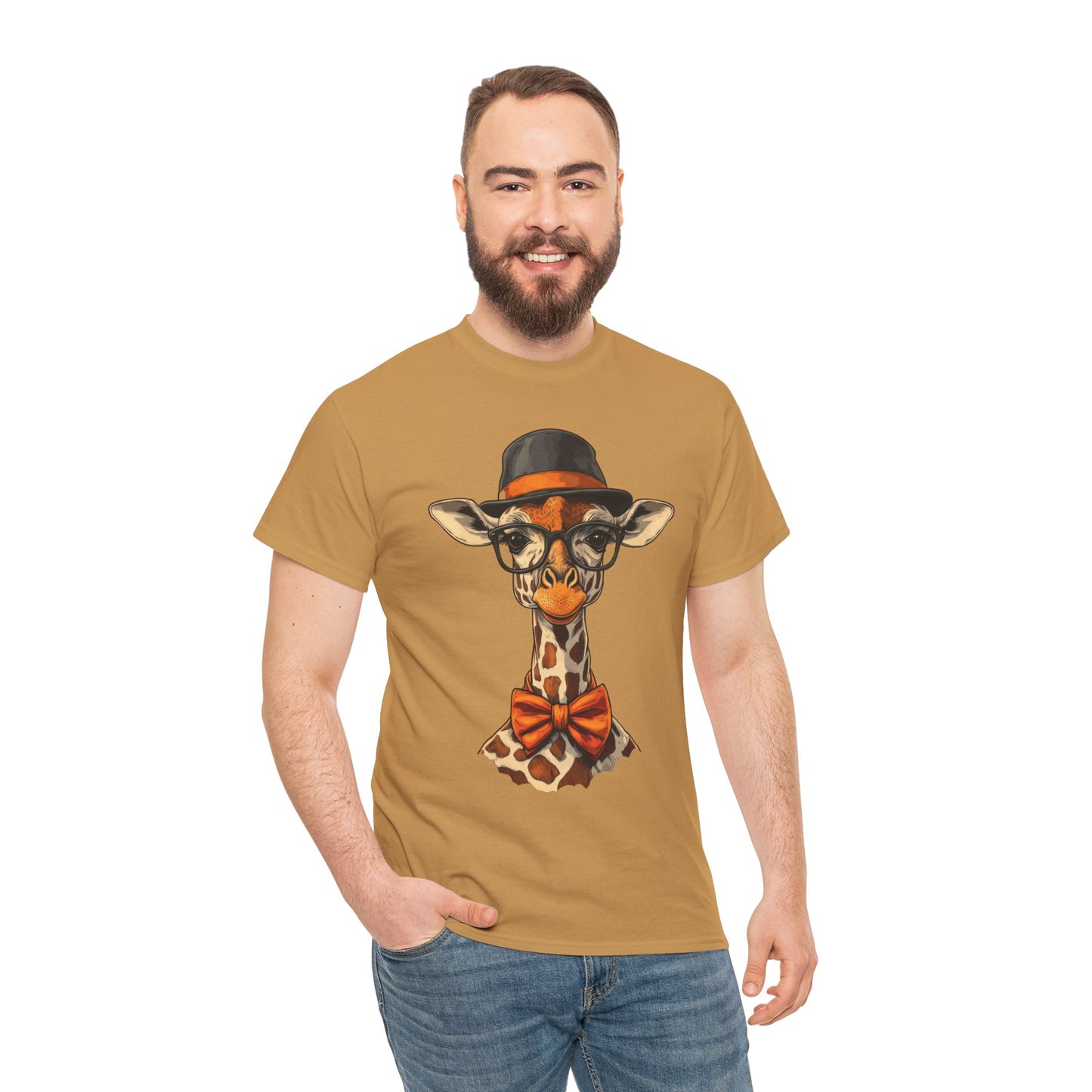 Hipster Giraffe T-Shirt with Hat and Glasses, Whimsical Giraffe Tee, Fun Gift, Cute Graphic Shirt, Unisex Heavy Cotton Tee