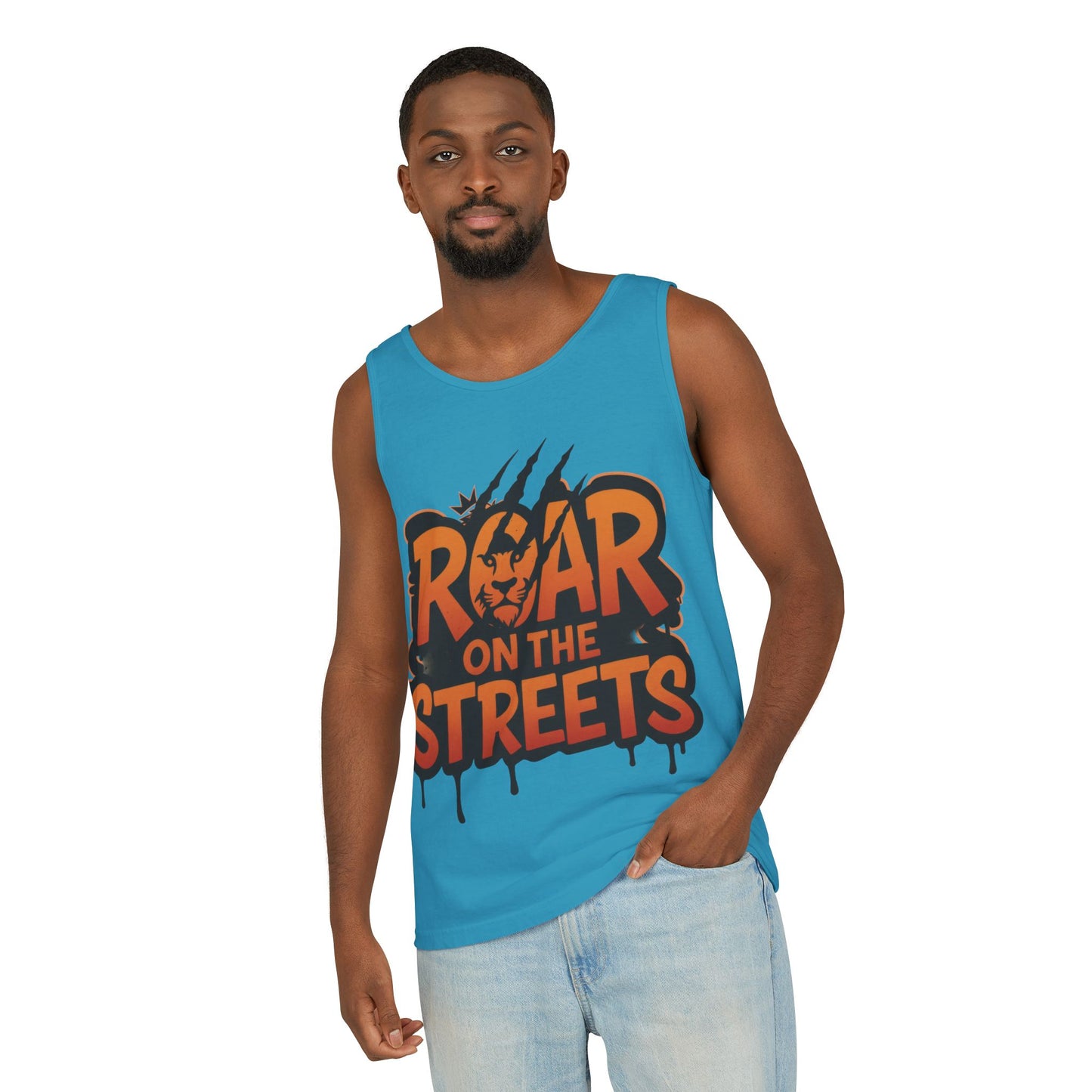 Mens Garment-Dyed Tank Top, Roar on the Streets Lion Graphic Mens Tank Top