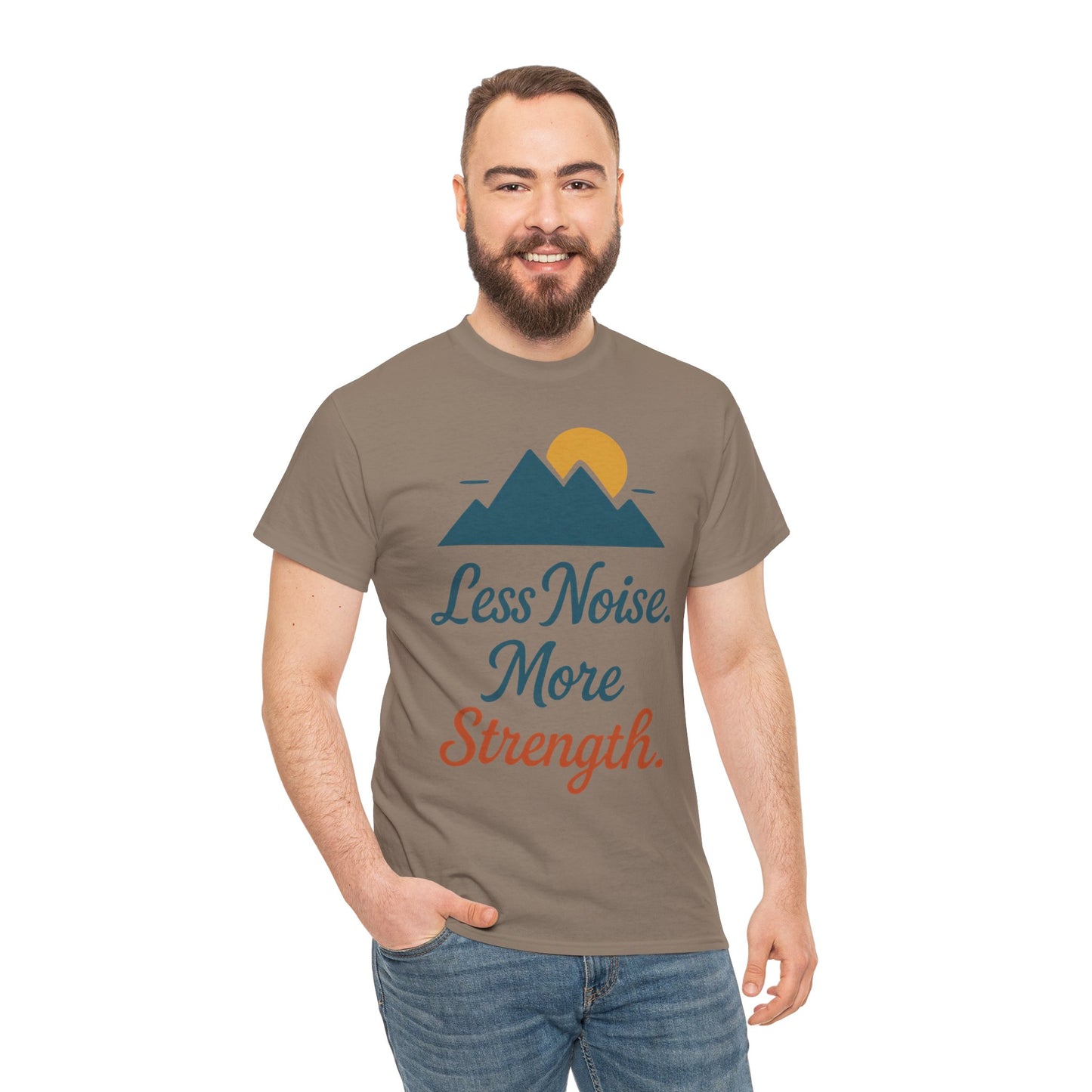 Mens Less Noise More Strength Mountain T-Shirt, Motivational Gym Hiking Tee