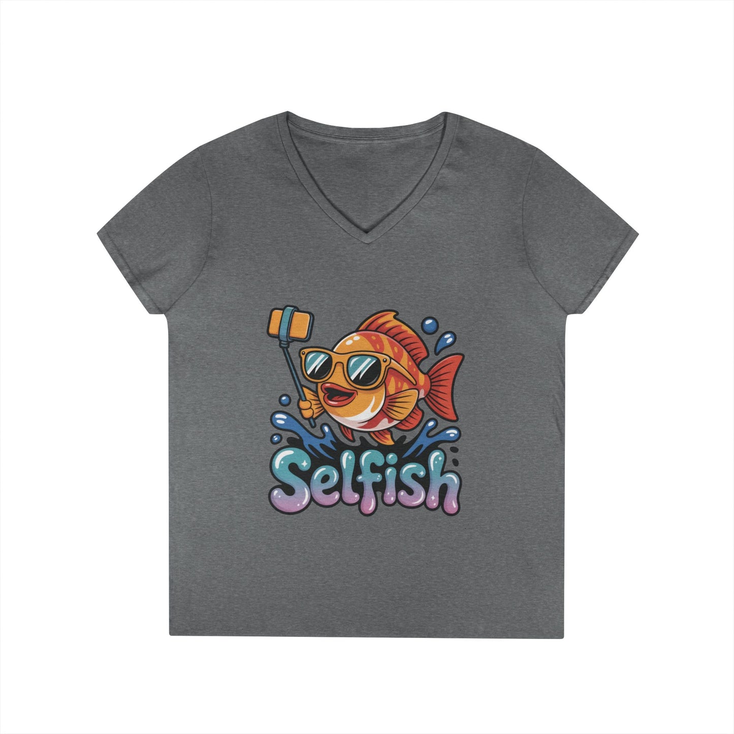 Ladies' V-Neck T-Shirt, Funny Selfie Fish Graphic Womens Tee, Playful Pun Gift for Her, Summer Vibes, Unique Beach Shirt, Outdoor Adventures