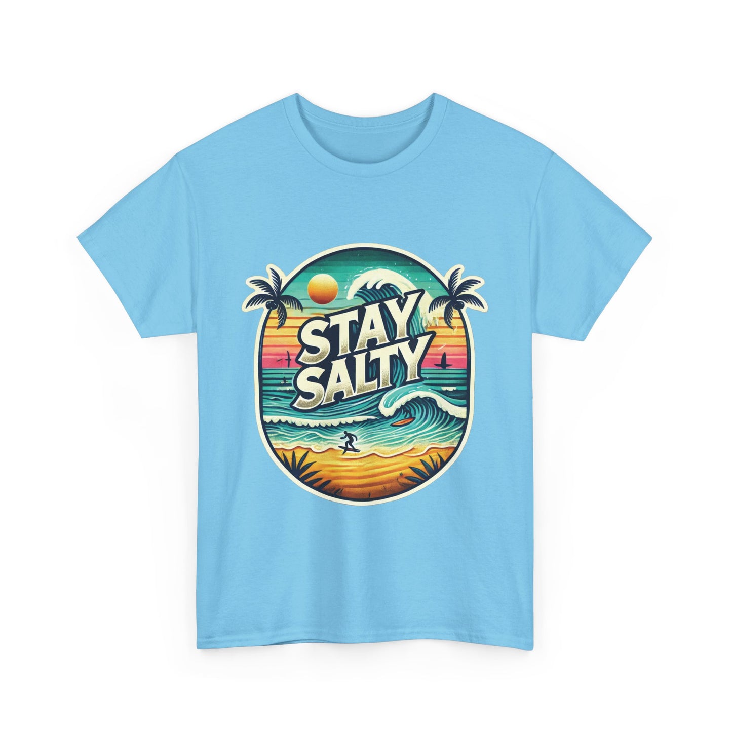 Stay Salty Retro Surf Unisex Heavy Cotton Tee, Vintage Beach Sunset Graphic T-Shirt, Summer Ocean Wave Surfer Shirt, Ocean Lover Gift