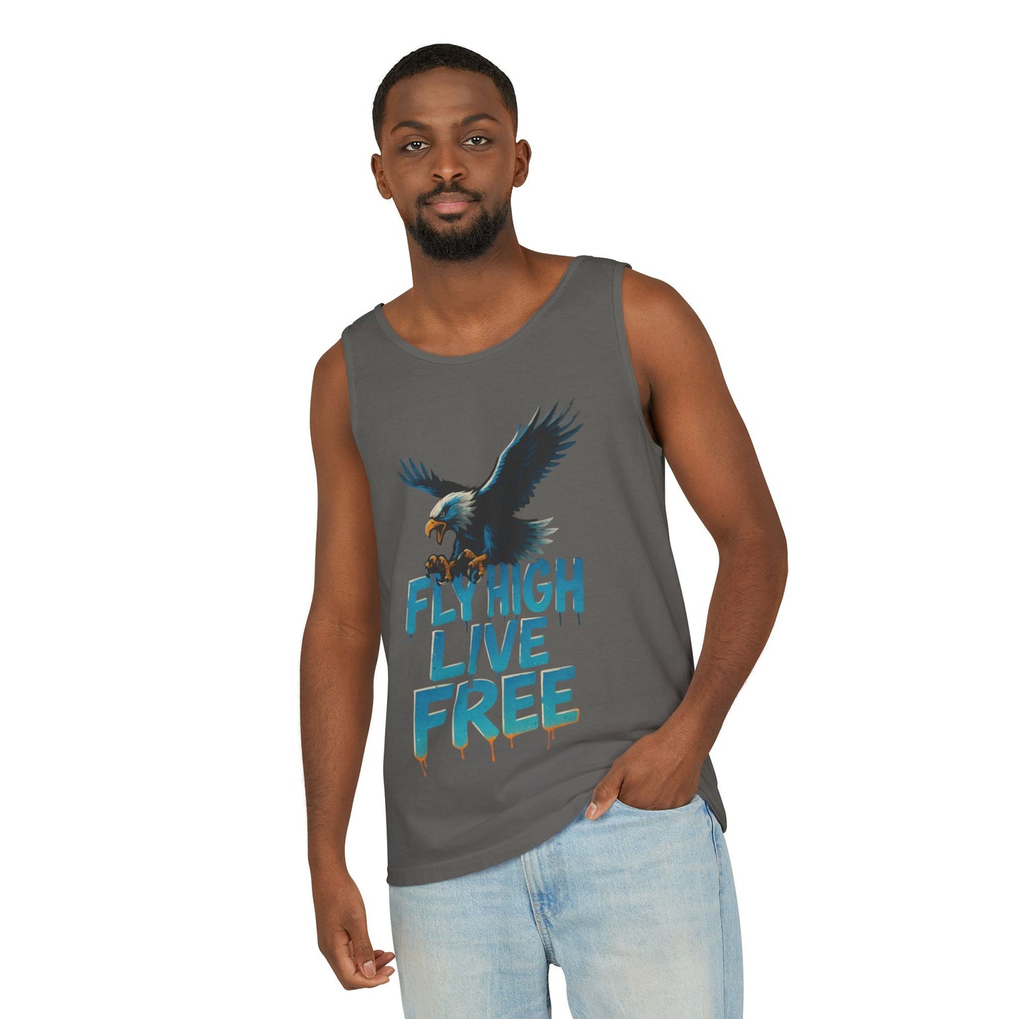 Mens Garment-Dyed Tank Top, Fly High Live Free Eagle Mens Tank Top Gym Wear