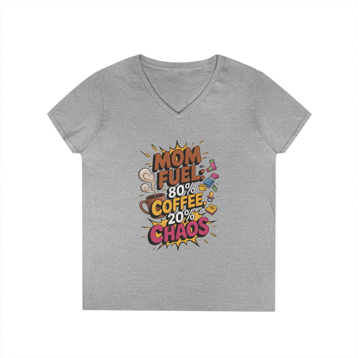 Mom Fuel V-Neck T-Shirt, Funny Gift for Moms, Coffee Lovers, Mother's Day, Everyday Humor, Tired Mom Life Tee, Coffee Loving Moms