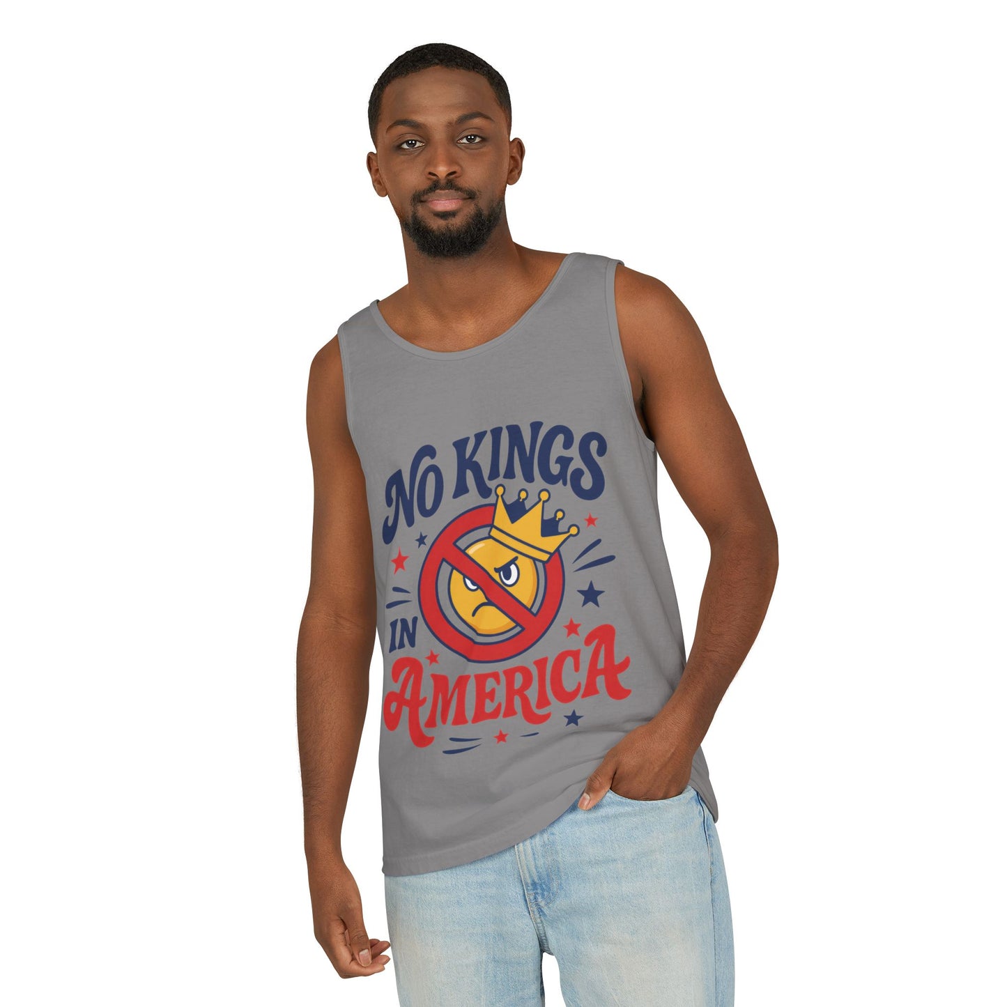 No Kings in America Tank Top - Funny Patriotic Anti Monarchy Sleeveless Shirt - USA Freedom Top, Unisex Summer Apparel, USA Independence Day
