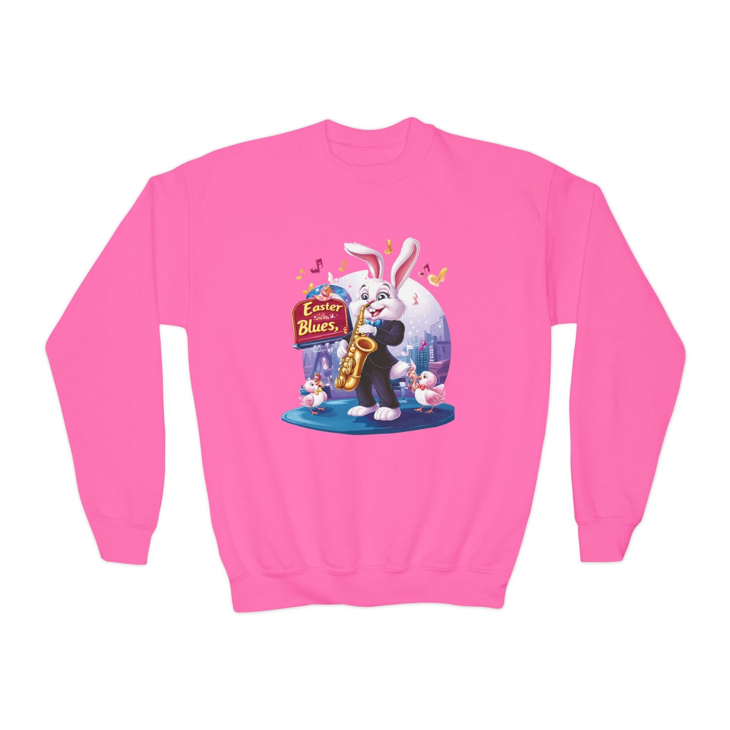 Jazz Bunny Easter Kids Sweatshirt - Cute Saxophone Playing Bunny Design, Fun Spring Crewneck, Holiday Gift for Boys and Girls