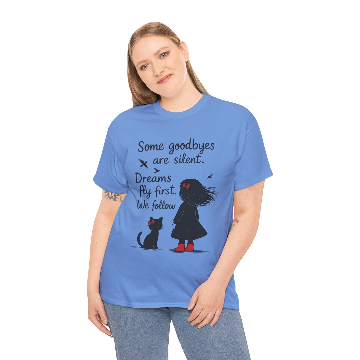 Emotional Hand Drawn Womens T-Shirt, Minimalist Red Dress Girl and Cat Graphic Tee, Cat Lover Gift