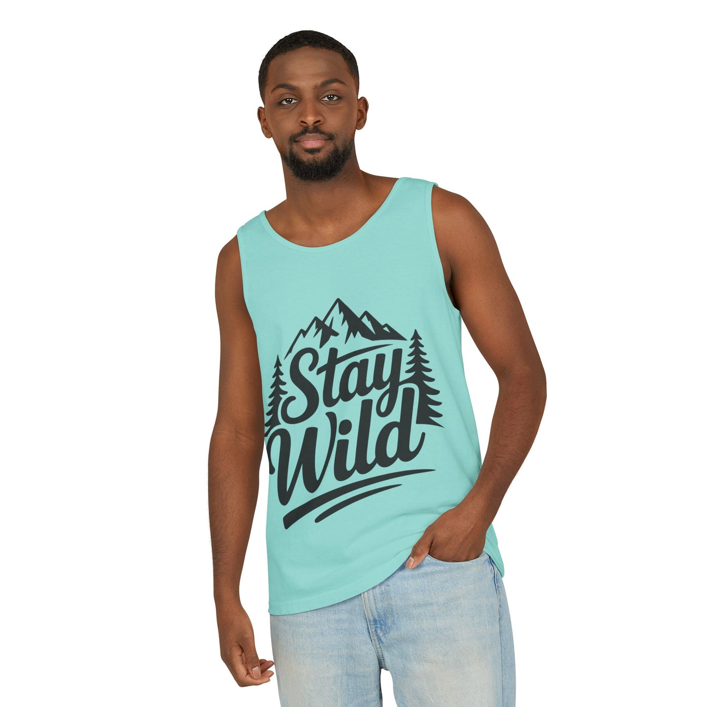 Stay Wild Garment-Dyed Mens Tank Top, Boho Summer Top, Adventure Shirt, Nature Lover Apparel, Gift for Hikers, Outdoor Clothing