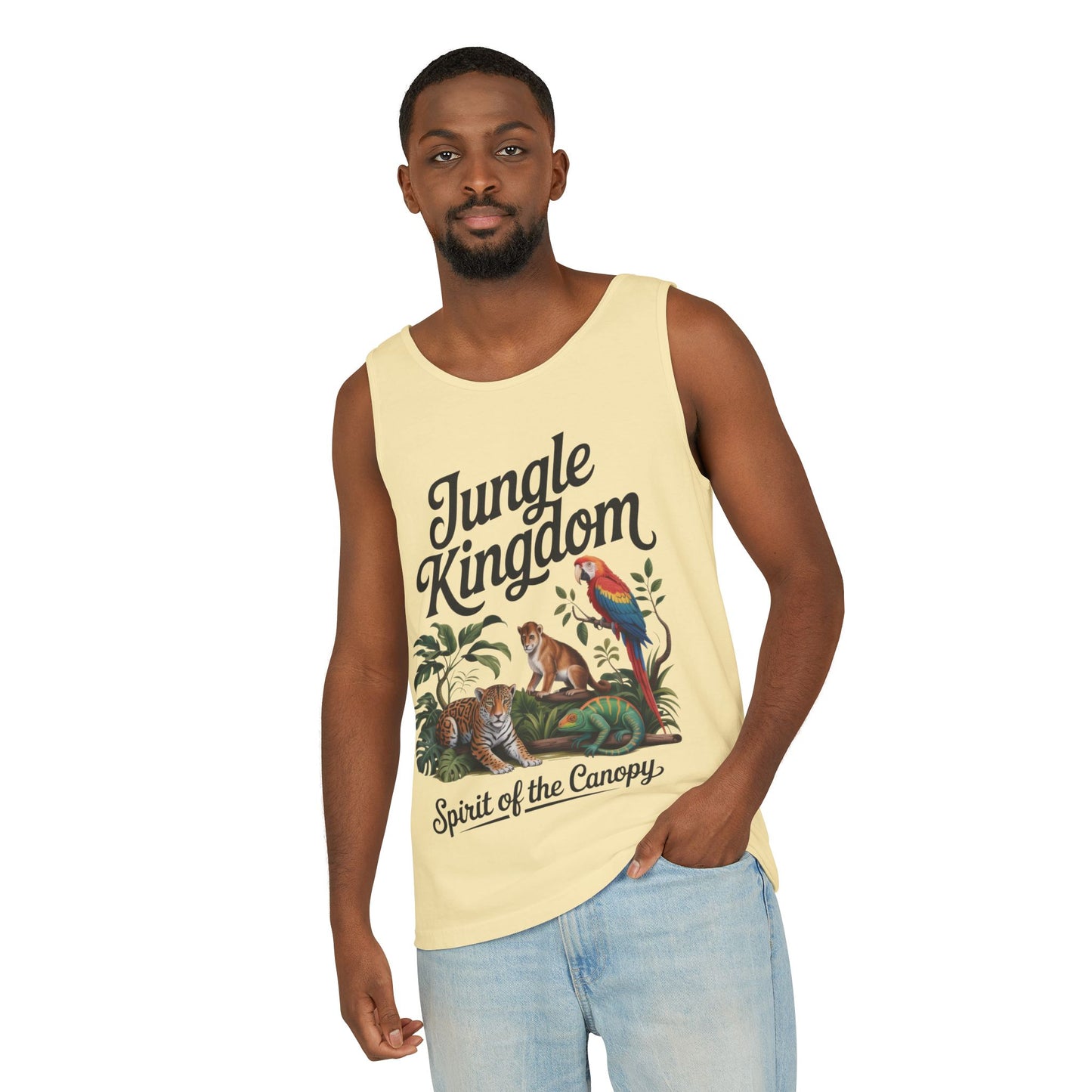 Jungle Kingdom Tank Top, Mens Garment-Dyed Sleeveless Shirt, Spirit of the Canopy Tee, Summer Outfit, Eco-Friendly Casual Wear