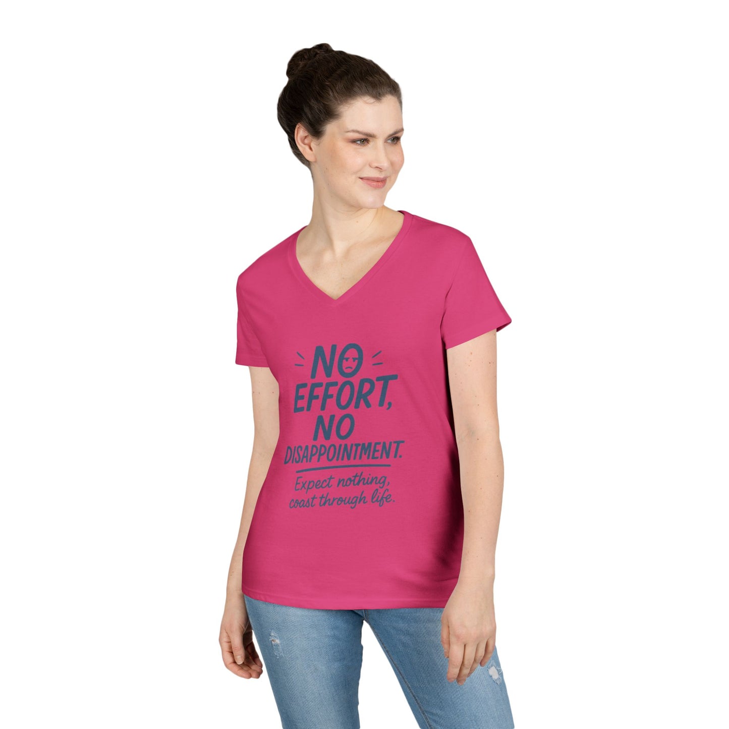 Funny No Effort Womens V-Neck T-Shirt, No Disappointment Lazy Life Quote Shirt, Cute Graphic Tee for Her, Life Philosophy Shirt