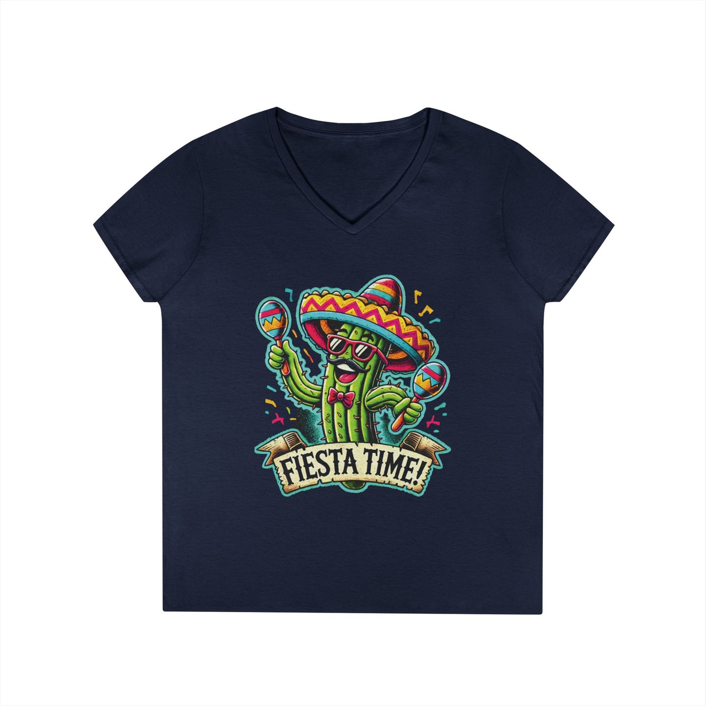Fiesta Time Cactus Ladies' V-Neck T-Shirt, Funny Sombrero Mexican Party Tee, Cinco de Mayo Gift Idea, Fun Summer Tee, Party Wear