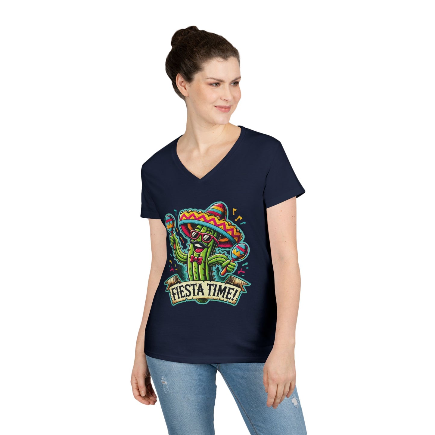 Fiesta Time Cactus Ladies' V-Neck T-Shirt, Funny Sombrero Mexican Party Tee, Cinco de Mayo Gift Idea, Fun Summer Tee, Party Wear
