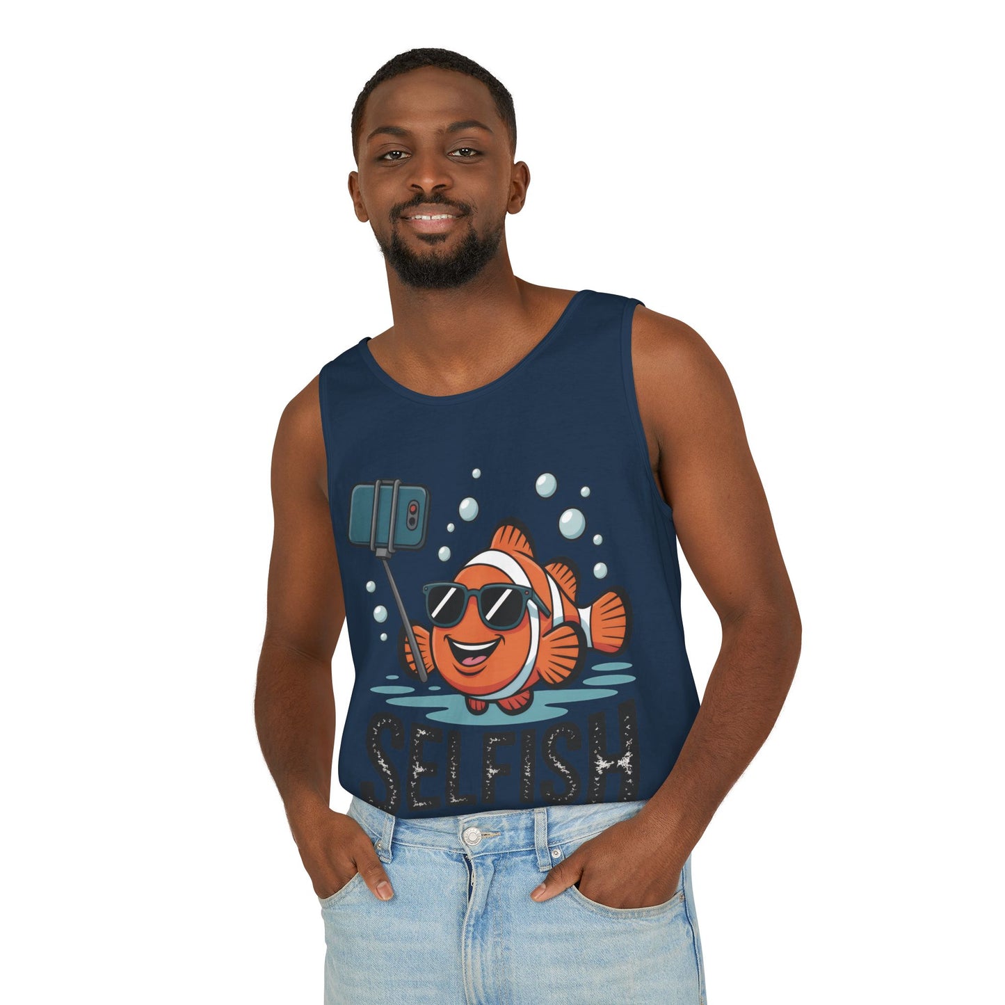 Mens Garment-Dyed Tank Top, Mens Selfish Funny Fish Tank Top, Cute Selfie Graphic Shirt, Ocean Humor Top