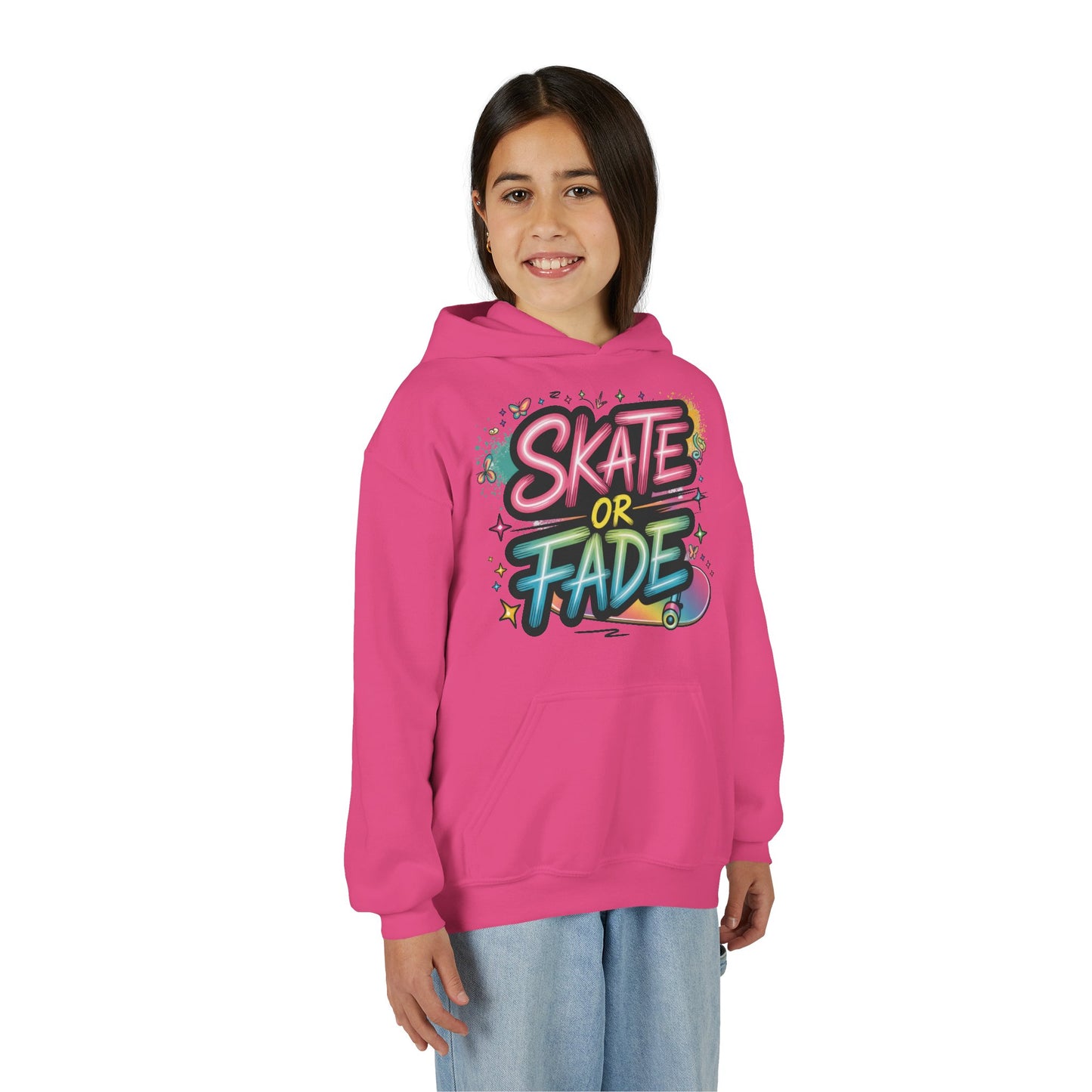 Youth Heavy Blend Hooded Sweatshirt, Skate Or Fade Girls Shirt, Colorful Graffiti Skateboarding Hoodie
