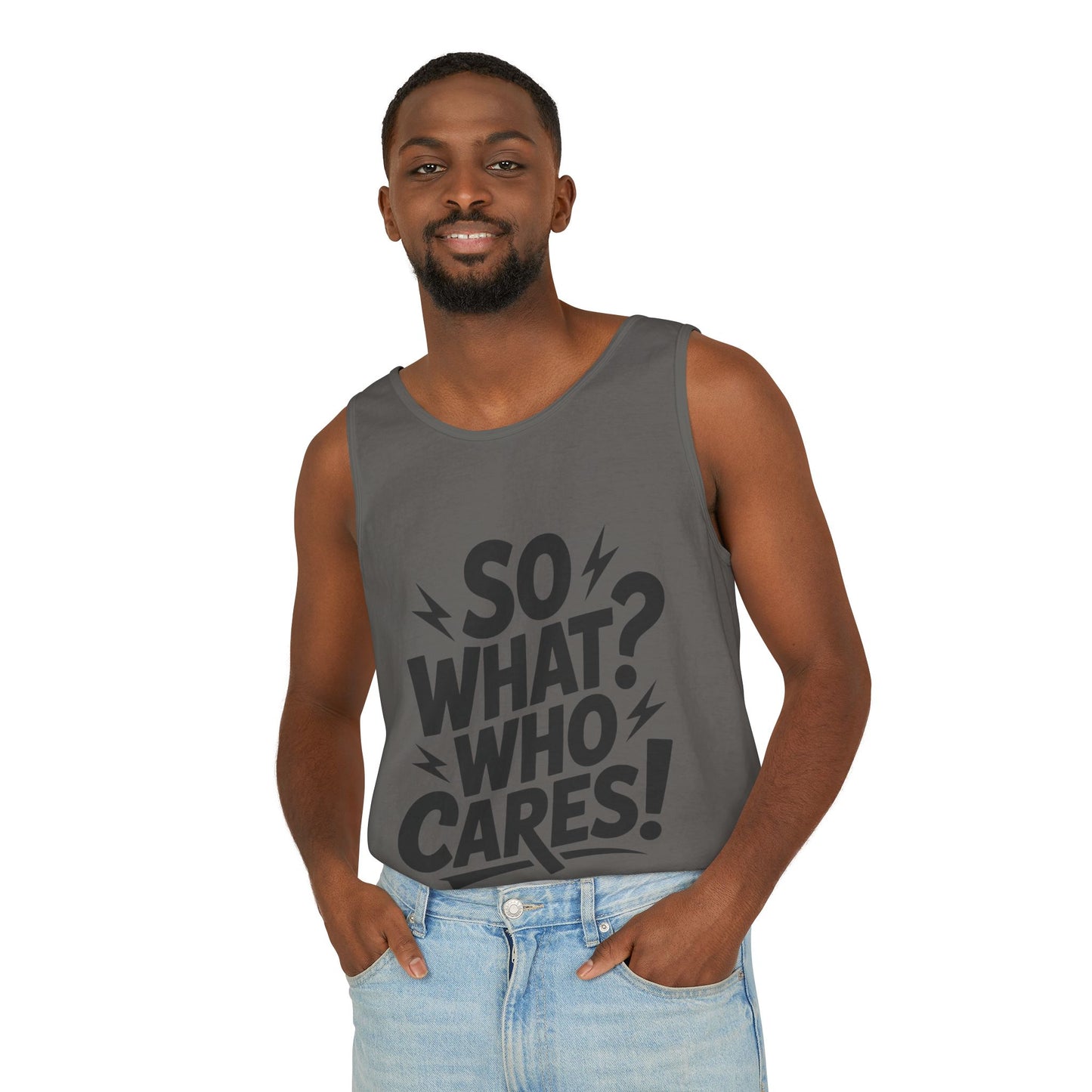 Mens Tank Top, "So What? Who Cares!", Casual Summer Wear, Beach Trip, Festival Outfit, Lightning Print, Sarcastic Summer Tee, Gym Tank