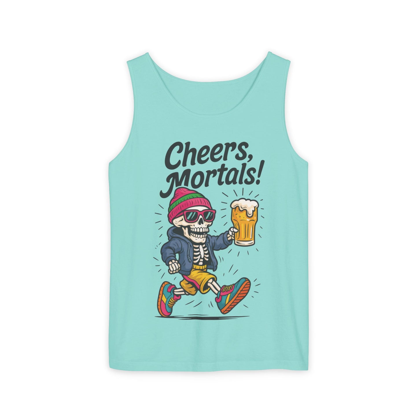 Cheers Mortals! Mens Tank Top, Funny Skeleton Beer Graphic Tee, Drinking Humor Shirt, Party Gift for Him, Halloween Tank, Beer Lovers Gift
