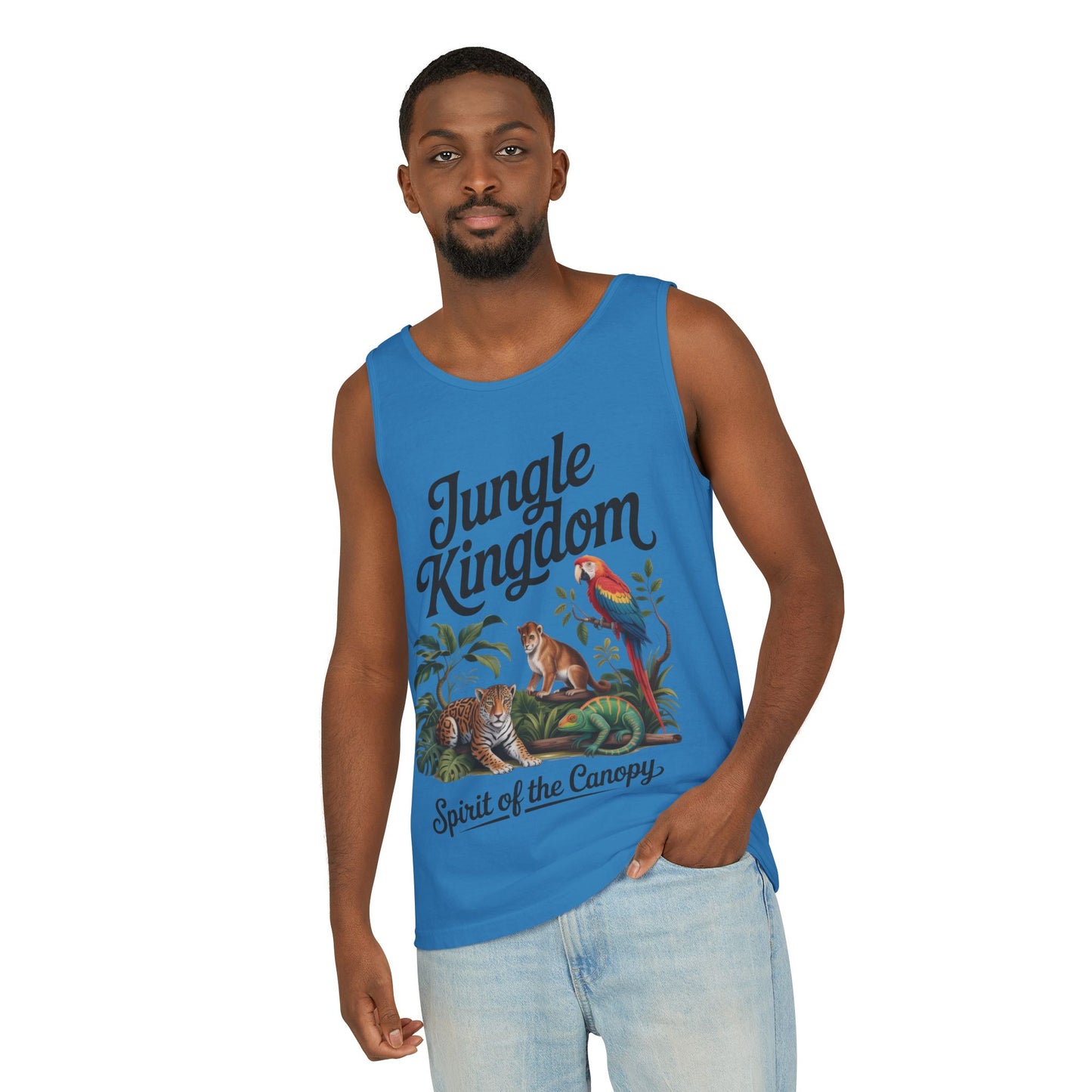 Jungle Kingdom Tank Top, Mens Garment-Dyed Sleeveless Shirt, Spirit of the Canopy Tee, Summer Outfit, Eco-Friendly Casual Wear