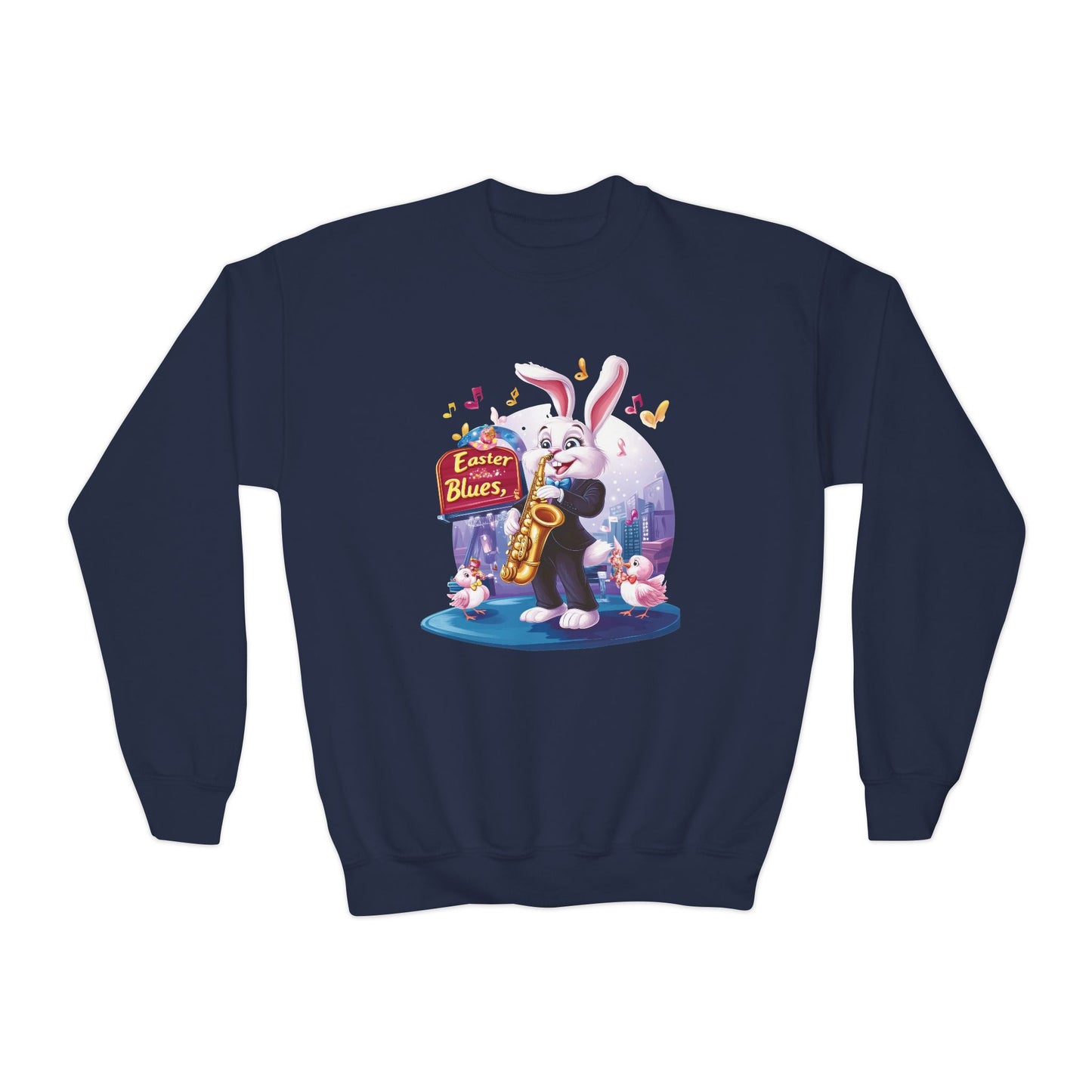 Jazz Bunny Easter Kids Sweatshirt - Cute Saxophone Playing Bunny Design, Fun Spring Crewneck, Holiday Gift for Boys and Girls