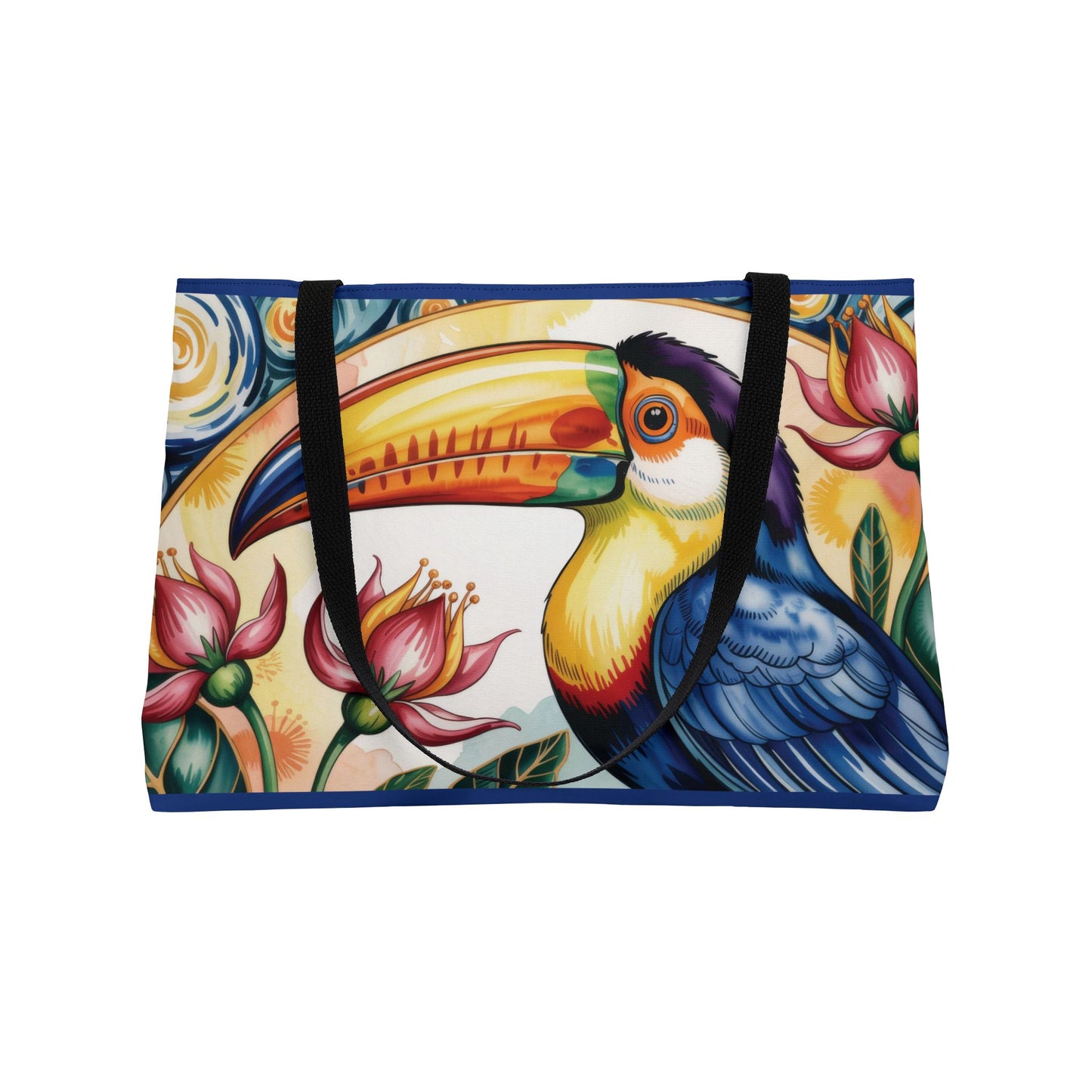 Tropical Toucan Weekender Tote Bag, Vibrant Tropical Weekend Tote with Flowers, Summer Vacation Bag, Large Canvas Bag for Pool & Beach