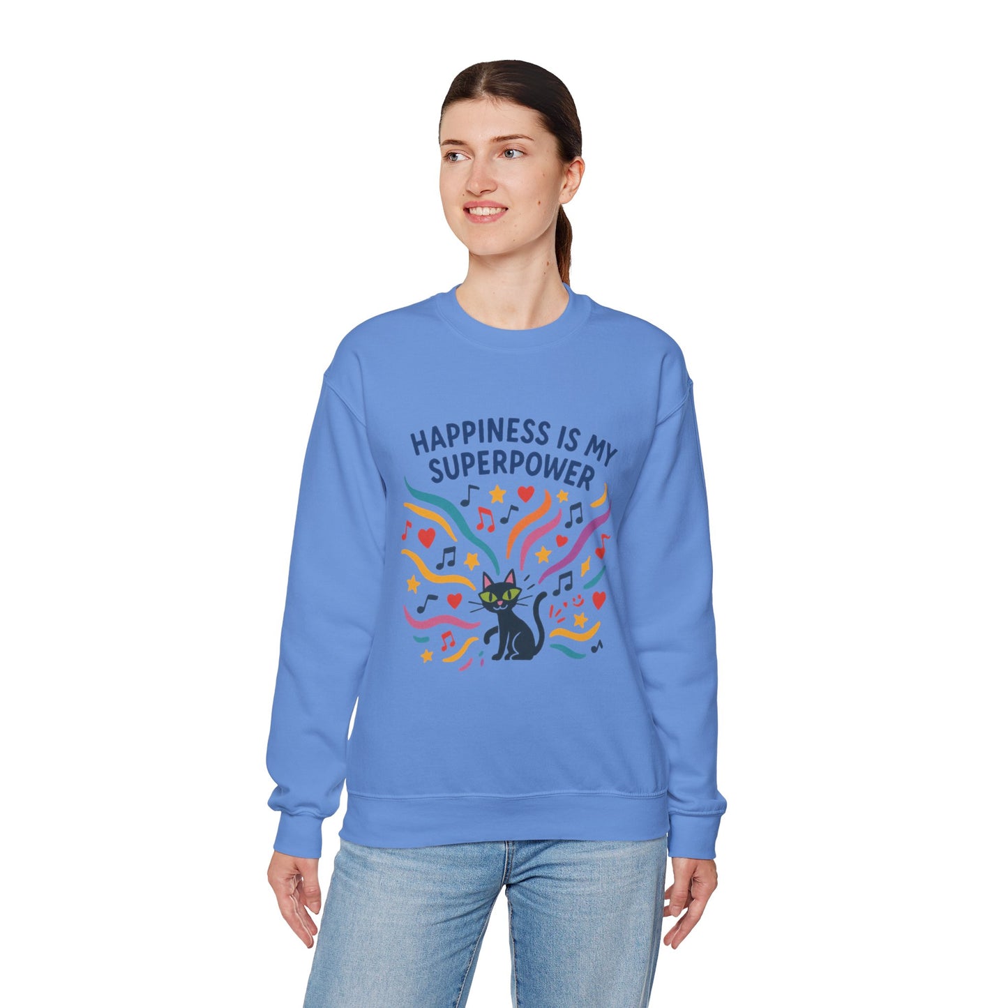 Playful Cat Crewneck Womens Sweatshirt, Happiness is My Superpower, Cozy Sweatshirt, Gift for Cat Lovers, Fun Casual Style, Unique Animal Design