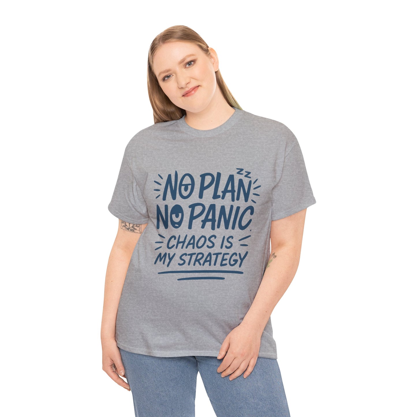 Funny Chaos Strategy T-Shirt, No Plan No Panic Quote Shirt, Cute Tee for Women, Humorous Gift Idea, Casual Relaxed Fit Top