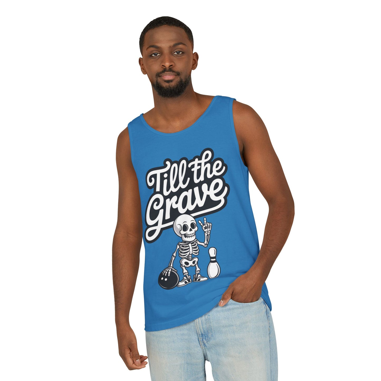 Funny Skeleton Bowling Tank Top, Halloween Apparel, Casual Summer Style, Cool Bowler Skull Workout Top, Strike Till the End
