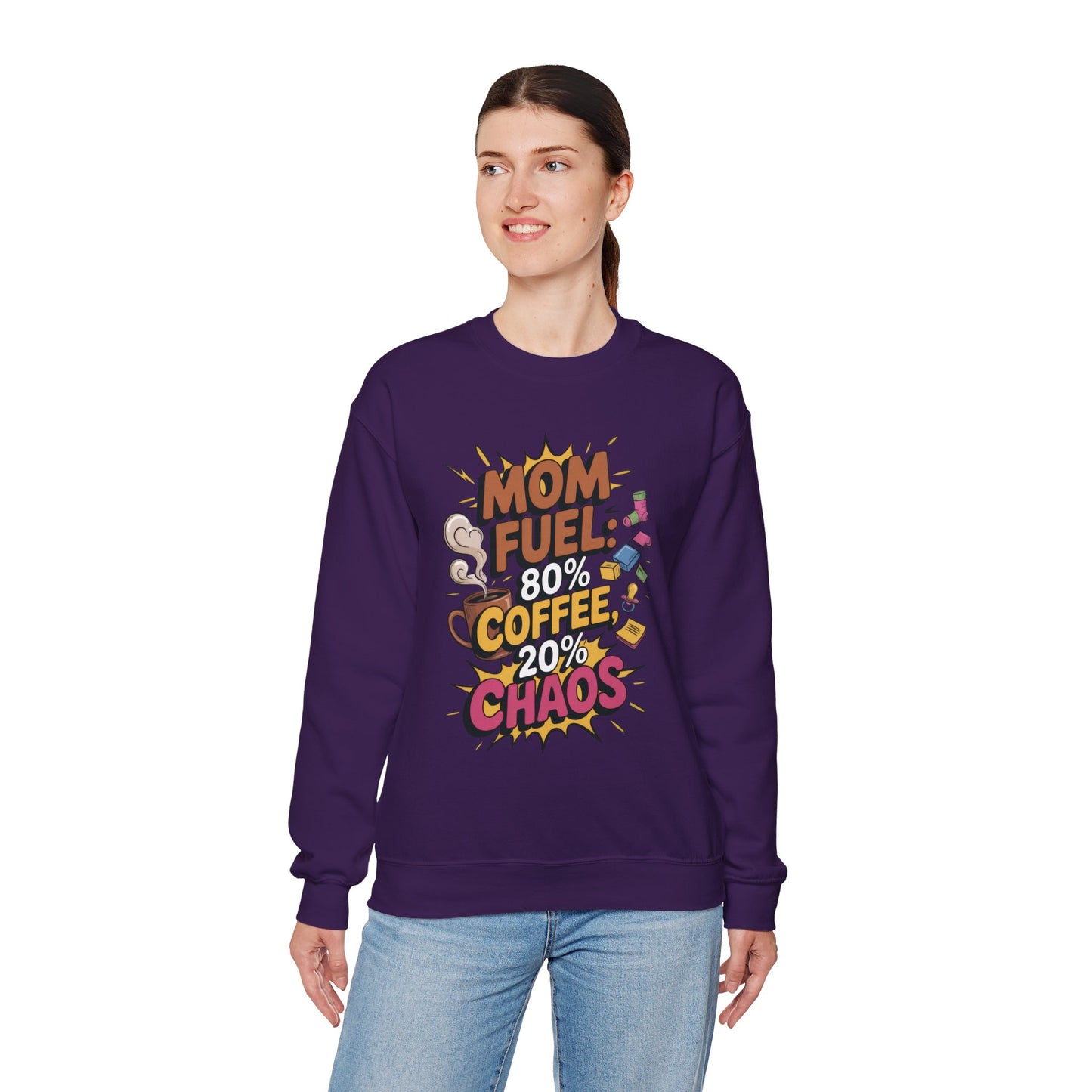 Funny Mom Fuel Sweatshirt, Perfect Gift for Moms, Chaos & Caffeine, Mother's Day Apparel, Funny Tired Mom Life Sweatshirt, Coffee Loving Mom