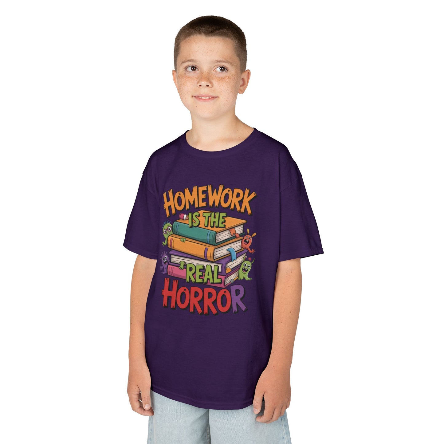 Kids Funny Homework Tee, Cute Monster School Shirt, Homework Is the Real Horror, Back to School Gift for Boys & Girls, Kids Halloween Tee