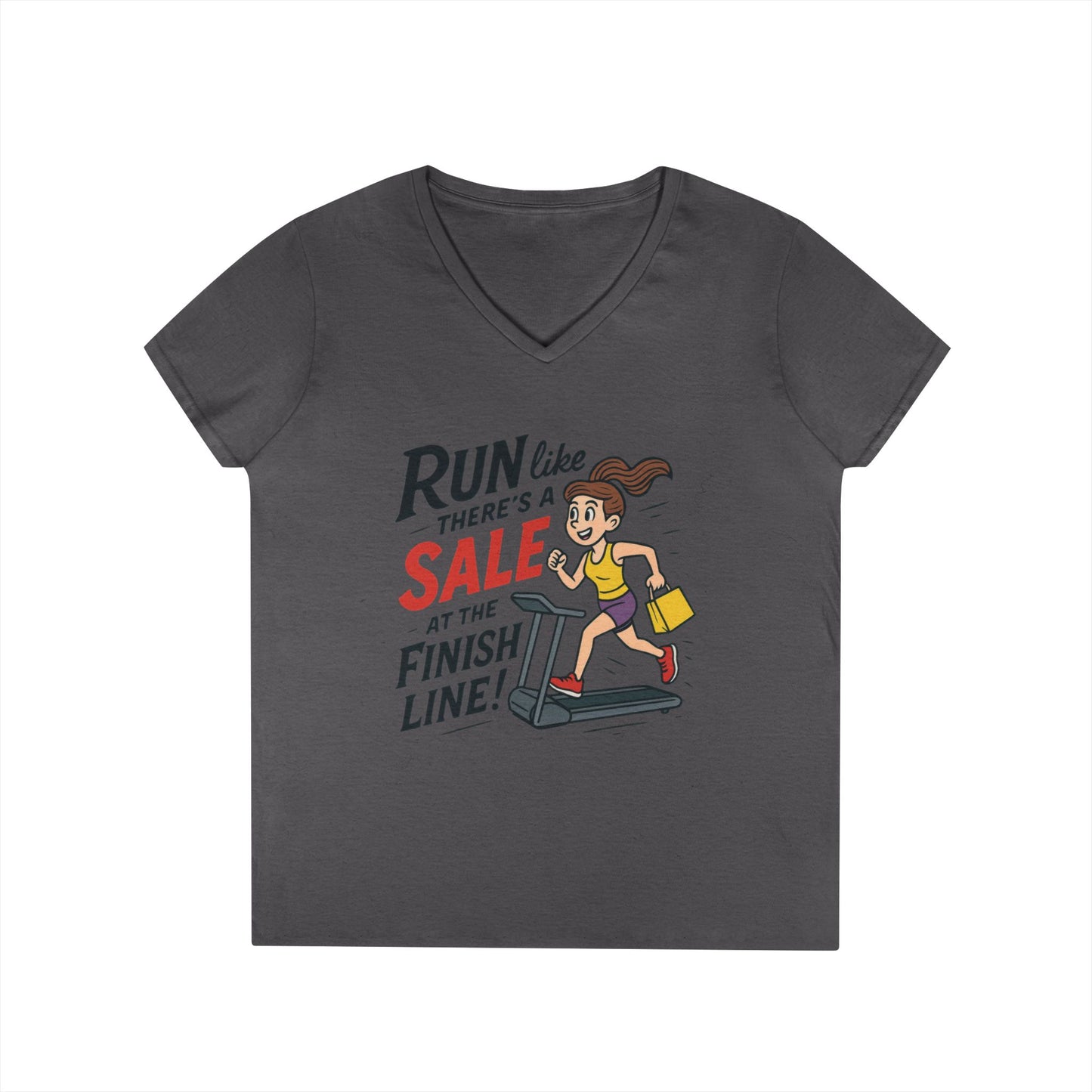 Ladies' V-Neck T-Shirt, Motivational Fitness Tee, Funny Gym Top, Funny Shopping Tee, Treadmill Runner Shirt for Her, For Sale Tee