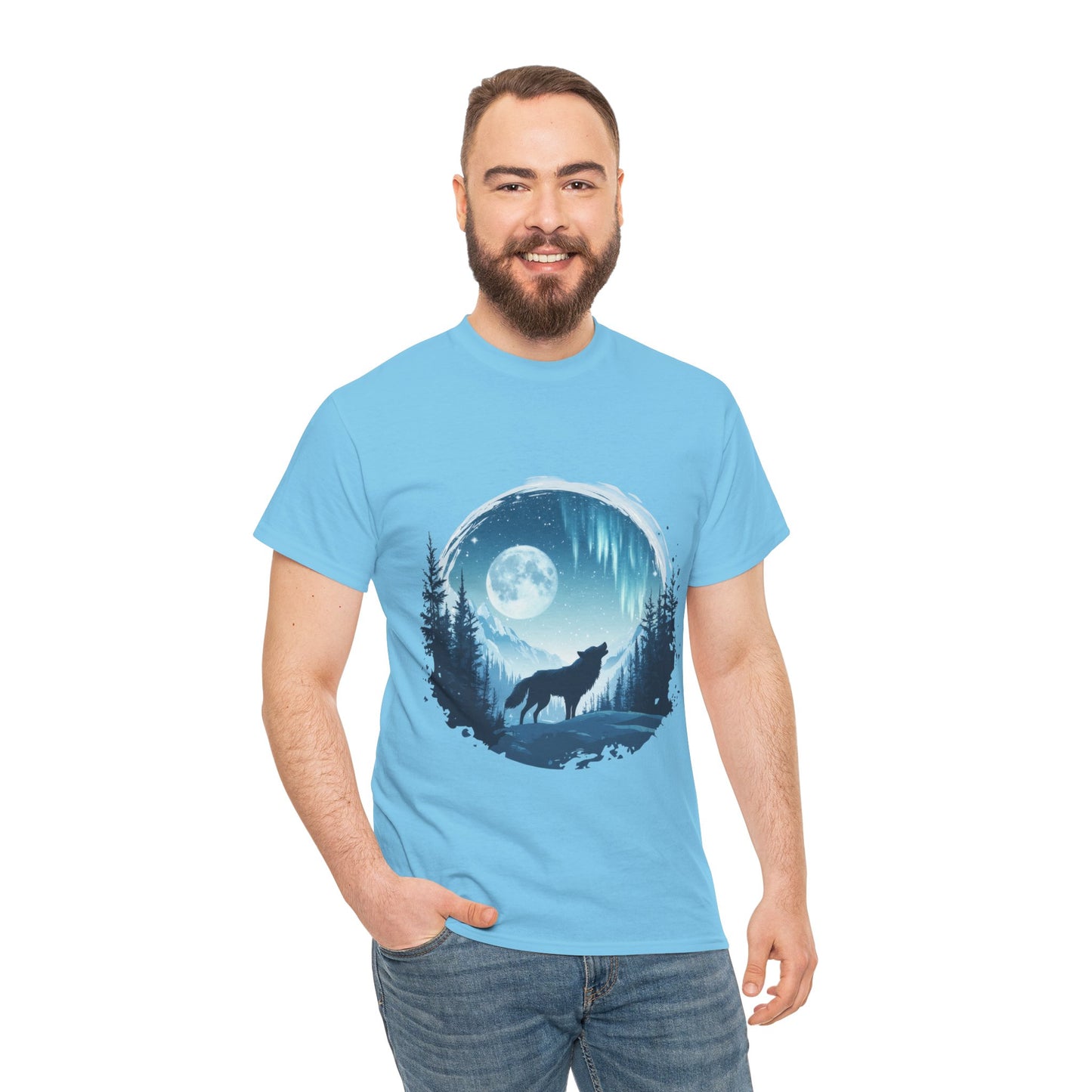 Howling Wolf Under Moonlight Men's T-Shirt, Full Moon Forest Scene Tee, Nature Lover Gift, Outdoor Adventure Clothing