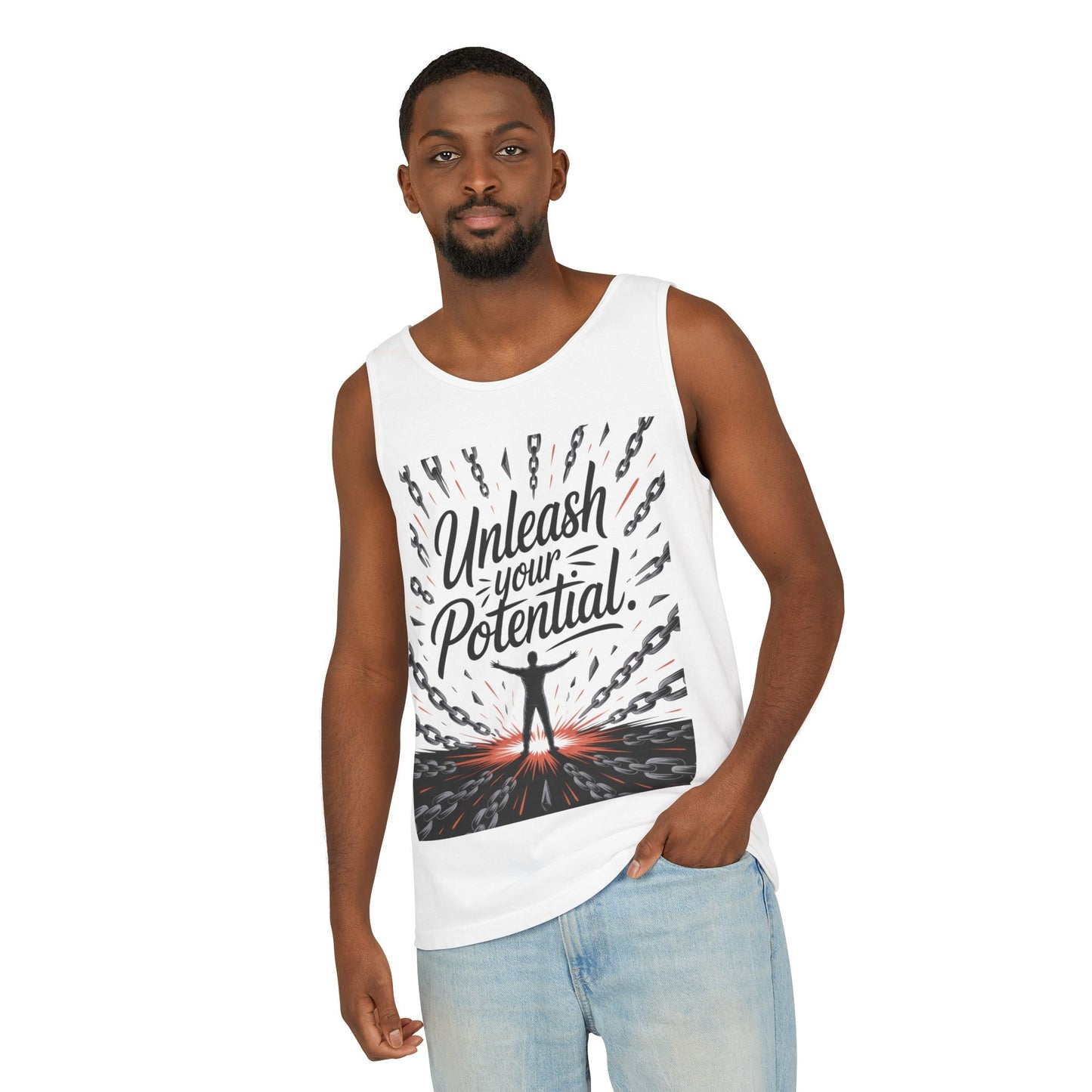 Men's Motivational Tank Top, "Unleash Your Potential" Graphic, Inspirational Gym Wear, Fitness Apparel, Summer Top, Gift for Him
