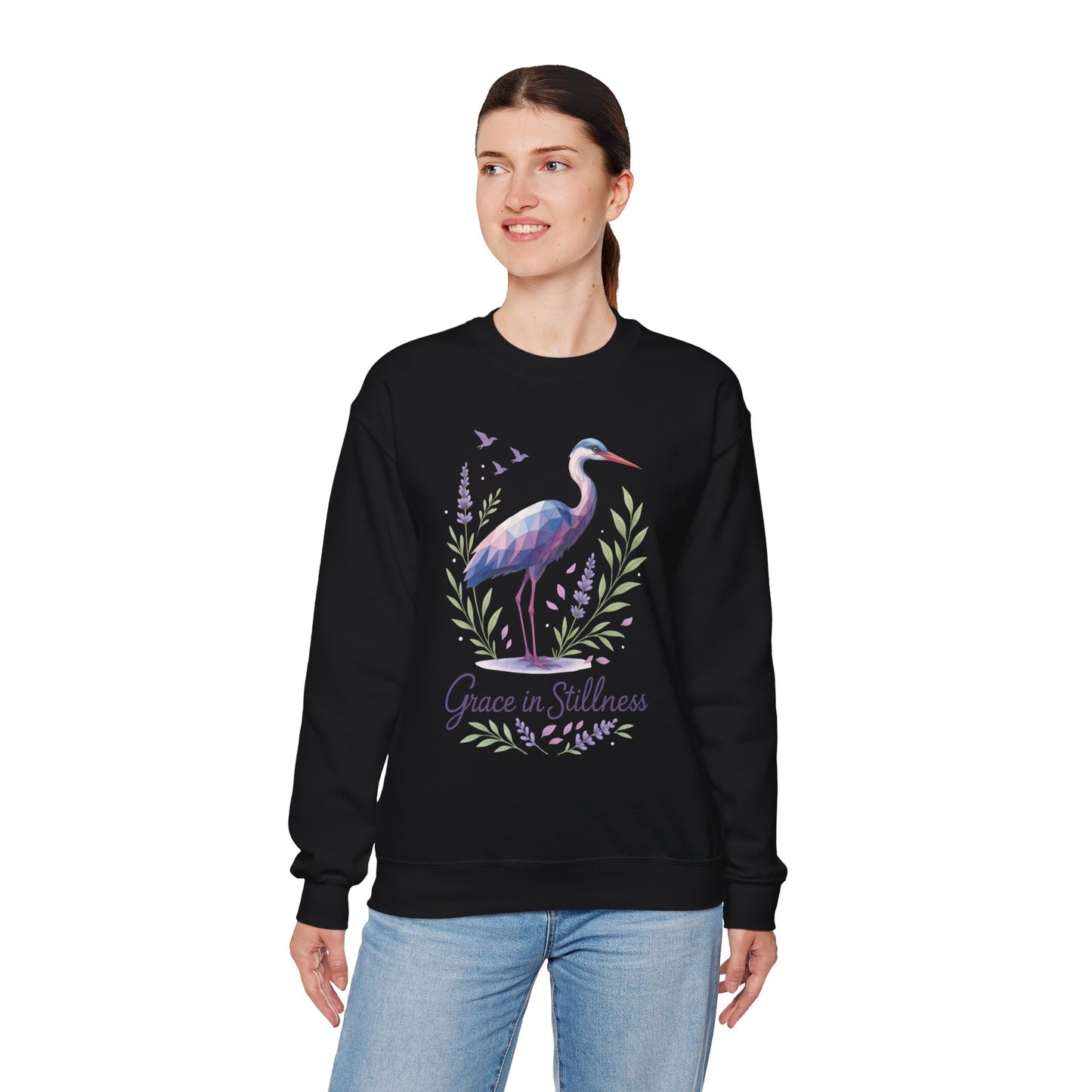 Polygonal Heron Graphic Sweatshirt, Women's Artistic Bird Crewneck, Nature-Inspired Minimalist Design, Geometric Crane, Bird Lovers Gift
