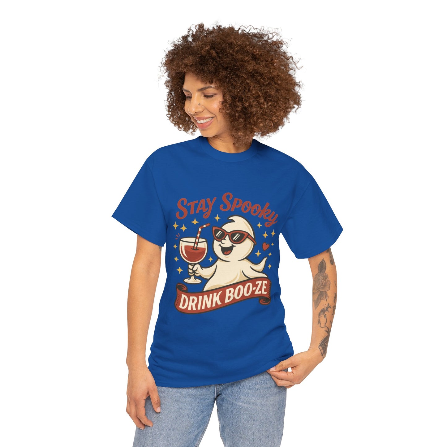 Stay Spooky Drink Boo-ze Women's T-Shirt, Funny Ghost Wine Halloween Party Graphic Tee