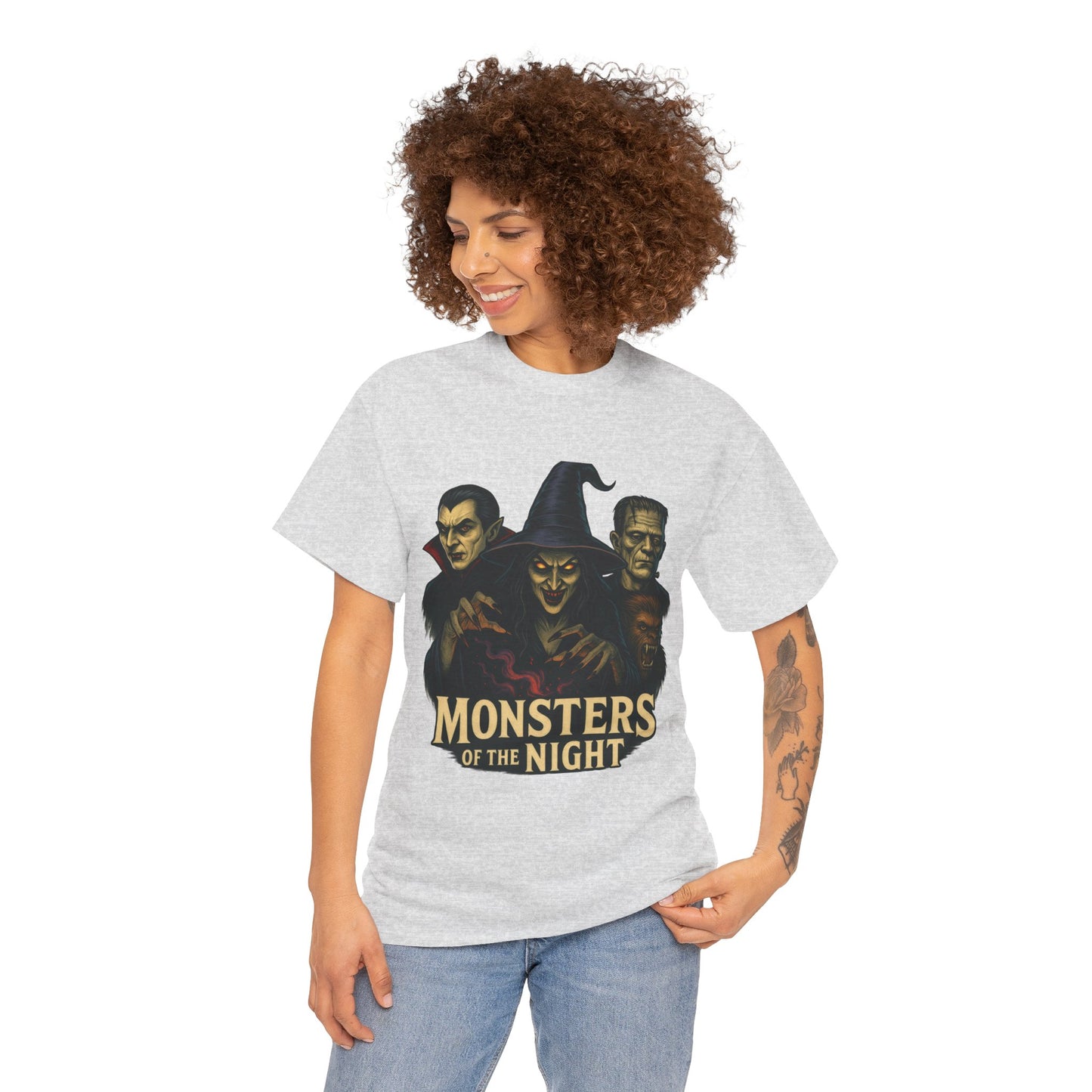 Monsters of the Night Women's T-Shirt, Classic Horror Witch, Vampire, Frankenstein Halloween Tee