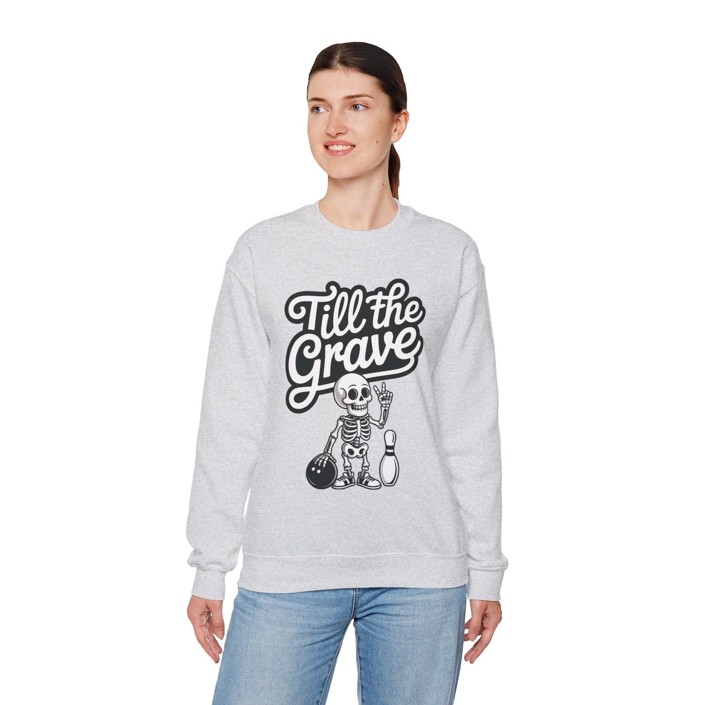 Funny Skeleton Bowling Sweatshirt, Womens Crewneck, Halloween Gift, Casual Wear, Till the Grave Sweatshirt, Bowling Lover Apparel