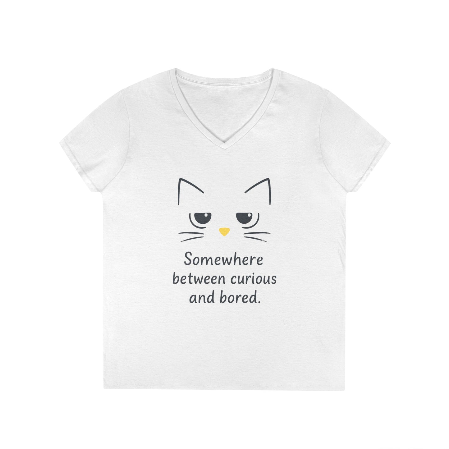 Funny Cat V-Neck T-Shirt - Somewhere Between Curious and Bored, Gift for Cat Lovers, Casual Wear, Birthday Tee, Cute Animal Shirt