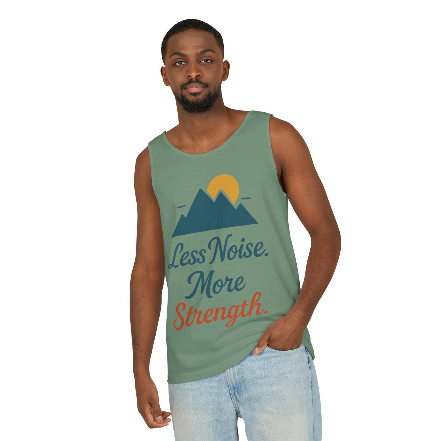 Mens Garment-Dyed Tank Top, Mens Less Noise More Strength Tank Top, Minimal Mountain Fitness Graphic Shirt