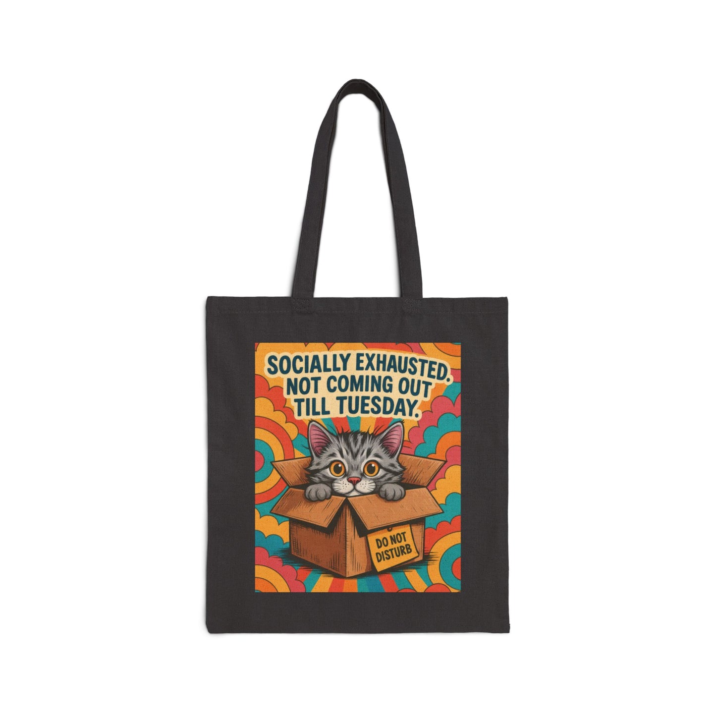 Socially Exhausted Cat Tote Bag, Funny Retro Cat in Box Canvas Bag, Do Not Disturb Comic Bag, Gift for Cat Lovers, Weekend Vibes