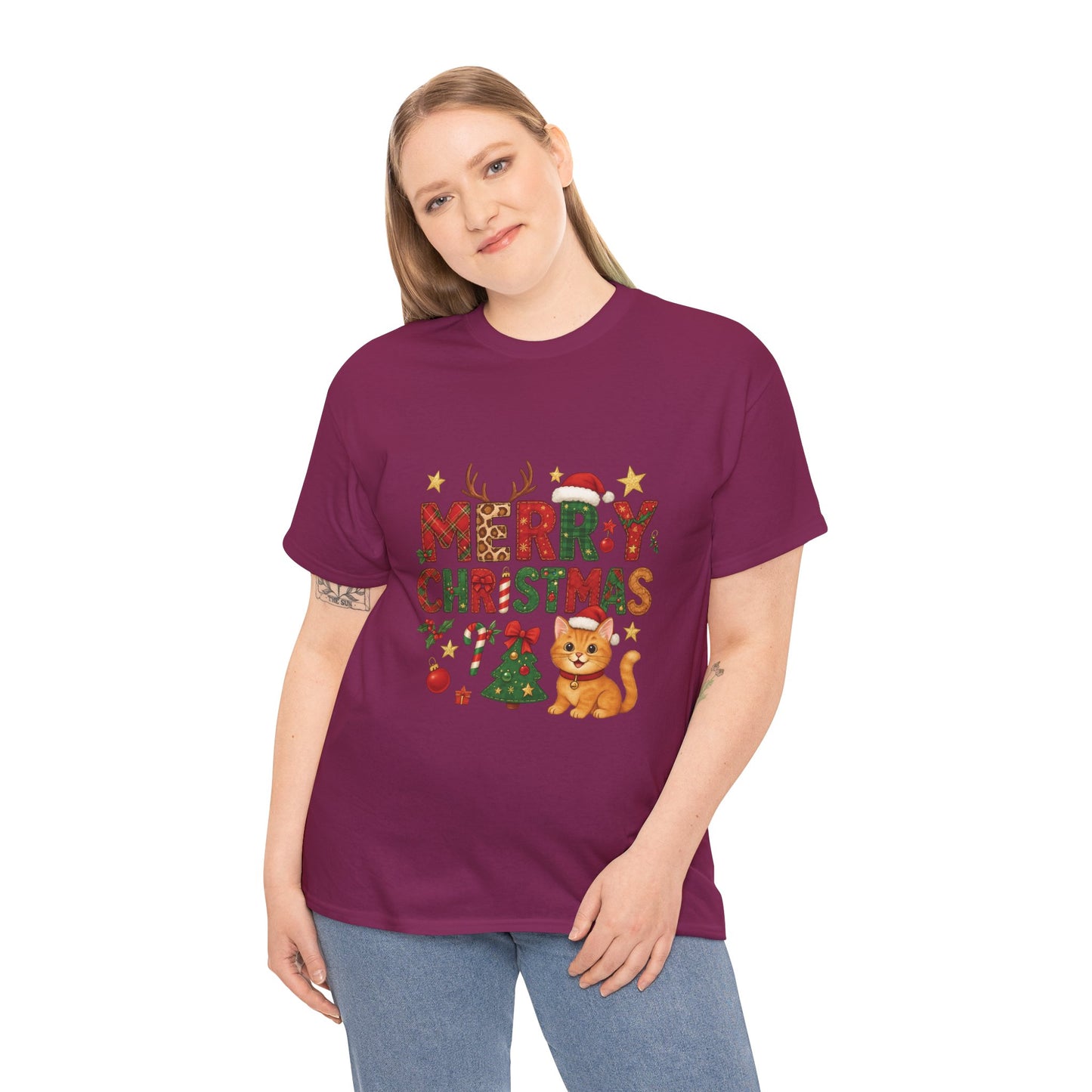 Merry Christmas Cat Shirt, Cute Holiday Cat Lovers Tee for Women