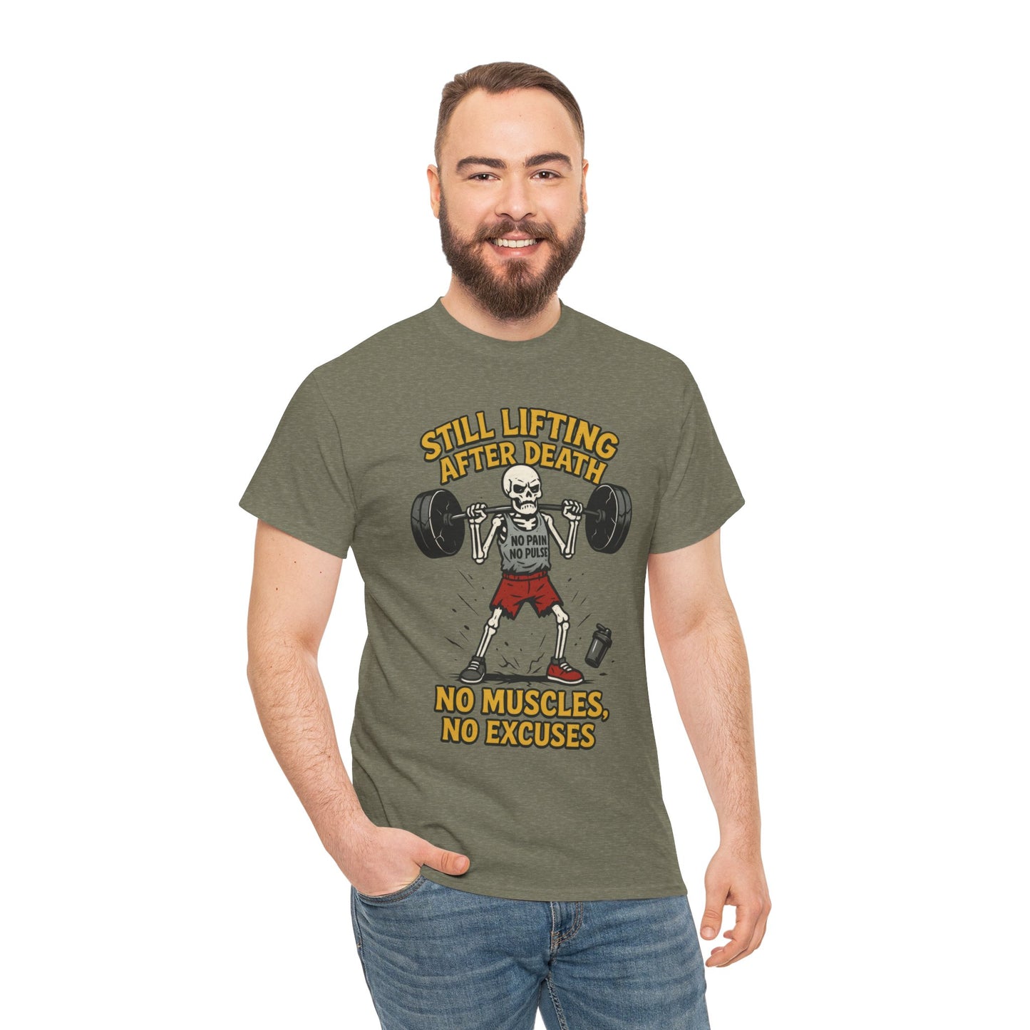 Funny Skeleton Gym T-Shirt, Still Lifting After Death, Funny Workout Shirt for Men, Fitness Gift, Halloween Apparel, Unisex Cotton Tee